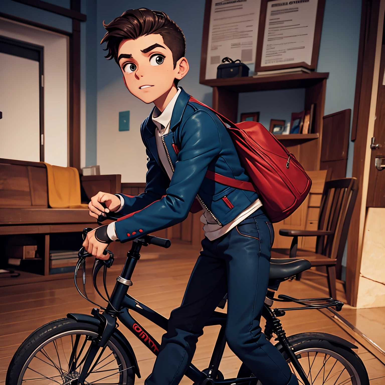 Homem de , moreno, alto de Jaqueta preta, numa bicicleta