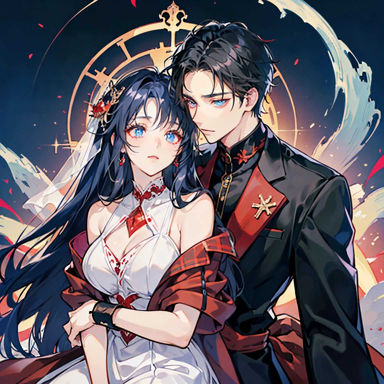 black-haired man and woman hugging each other,red eyed anime guy,Glowing red eyes, adorable anime poses, Blue-eyed anime girl,Glowing blue eyes,a couple,lovey-dovey, gyuru,doress,Wedding,tuxedo