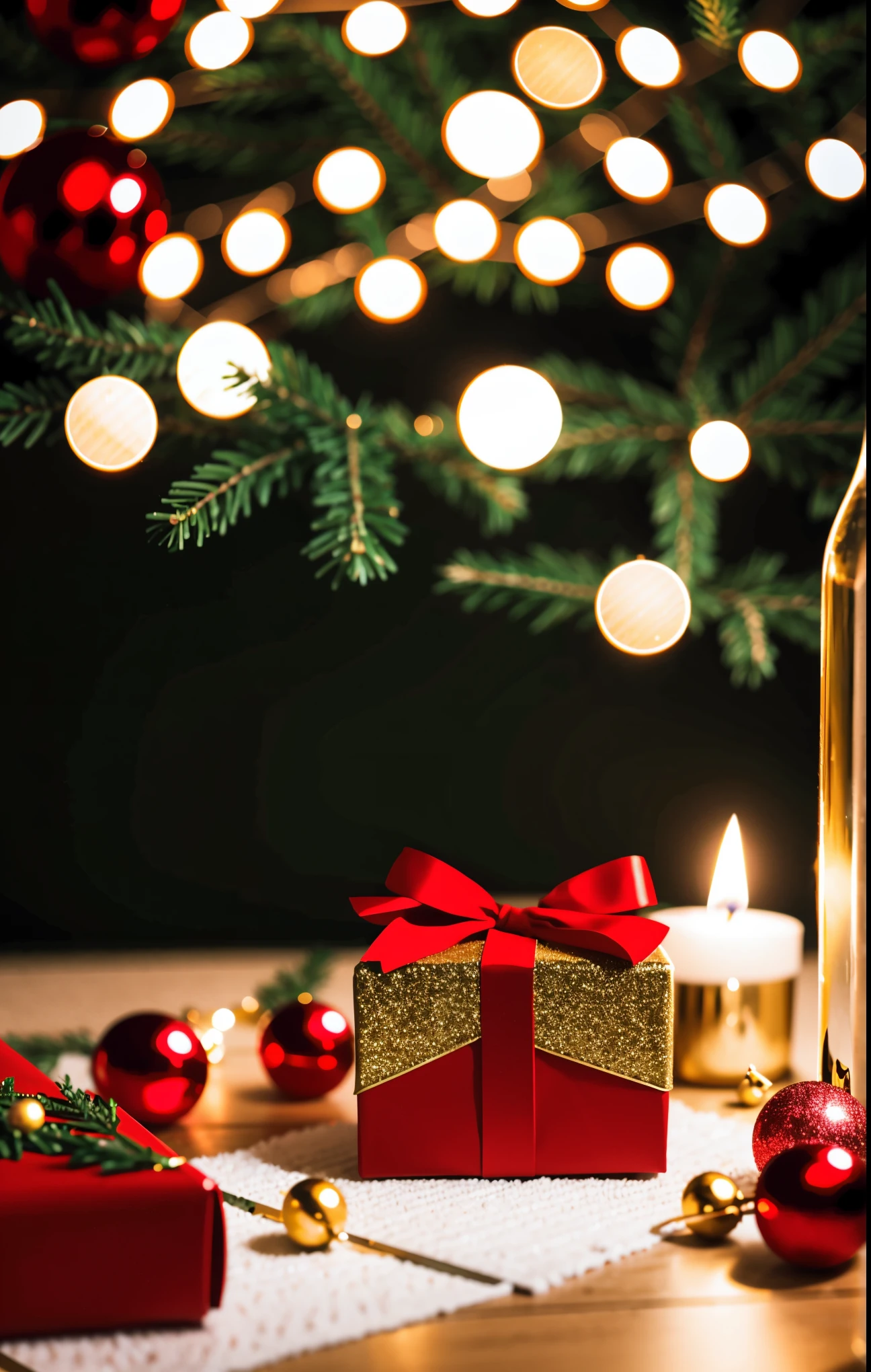 (best quality,4k,8k,highres,masterpiece:1.2),ultra-detailed,realistic,gifts,table,Christmas tree,decorations,wrapping ,bows,ribbon,presents,holiday spirit,vibrant colors,warm lighting,cozy atmosphere,toys,cards,candles,snowflakes,joyful,celebration,exquisite details,exciting surprises,shiny ornaments,sparkling tinsel,beautifully wrapped,excited children,anticipation,festive mood,magical ambiance,delightful moment,wonderful memories,family gathering,cheerful faces,Christmas magic,extravagant,abundance of presents,HDR,UHD,studio lighting,ultra-fine painting,sharp focus,physically-based rendering,professional,vivid colors,bokeh.