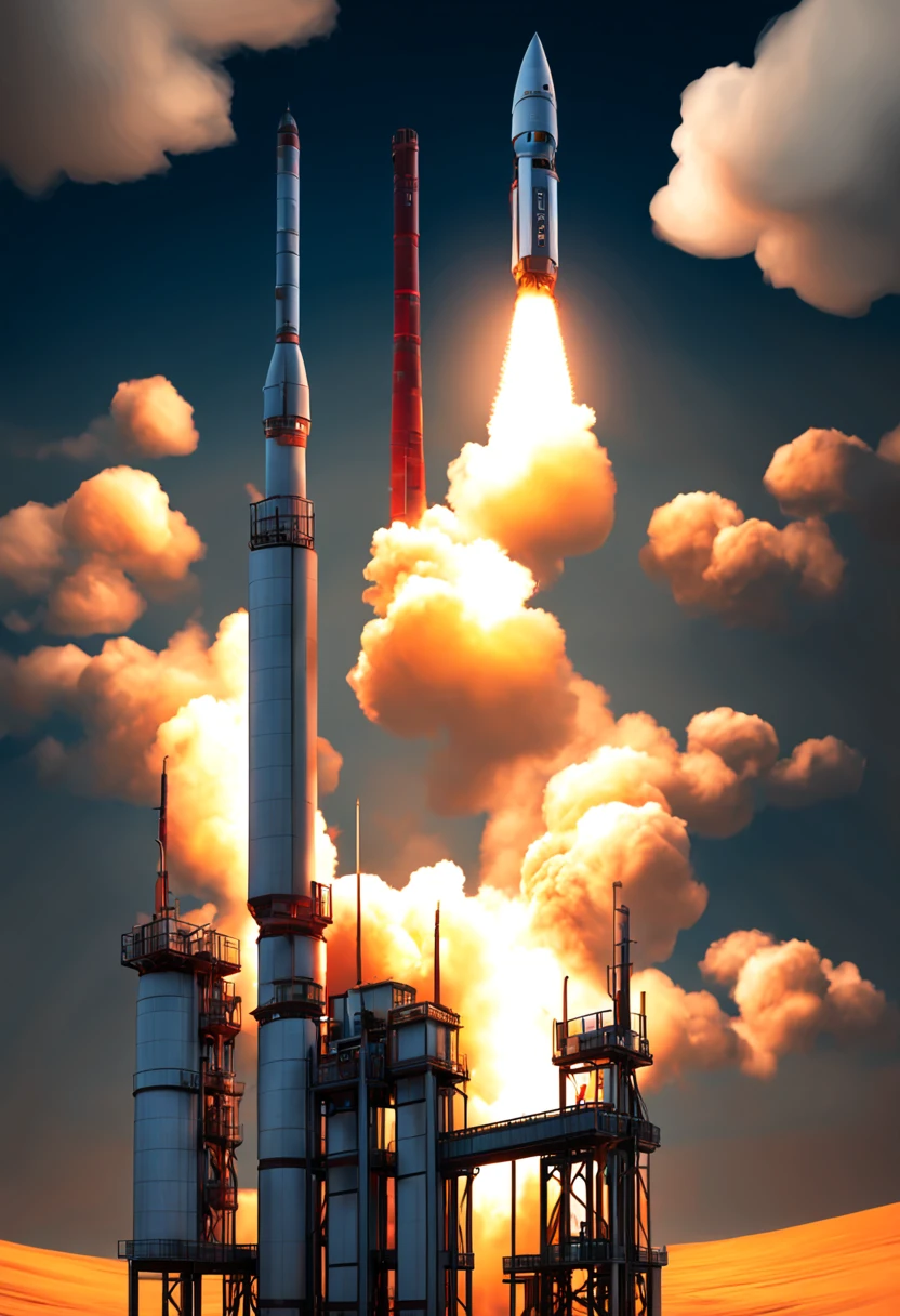 ultra-detailed,realistic cinema-quality lighting,rocket launch,rockets ascending,vivid colors,high-res,ultra-realistic details,professional rendering,rocket engines firing,smoke and flames billowing,launch pad,futuristic atmosphere,nighttime scene,majestic spectacle