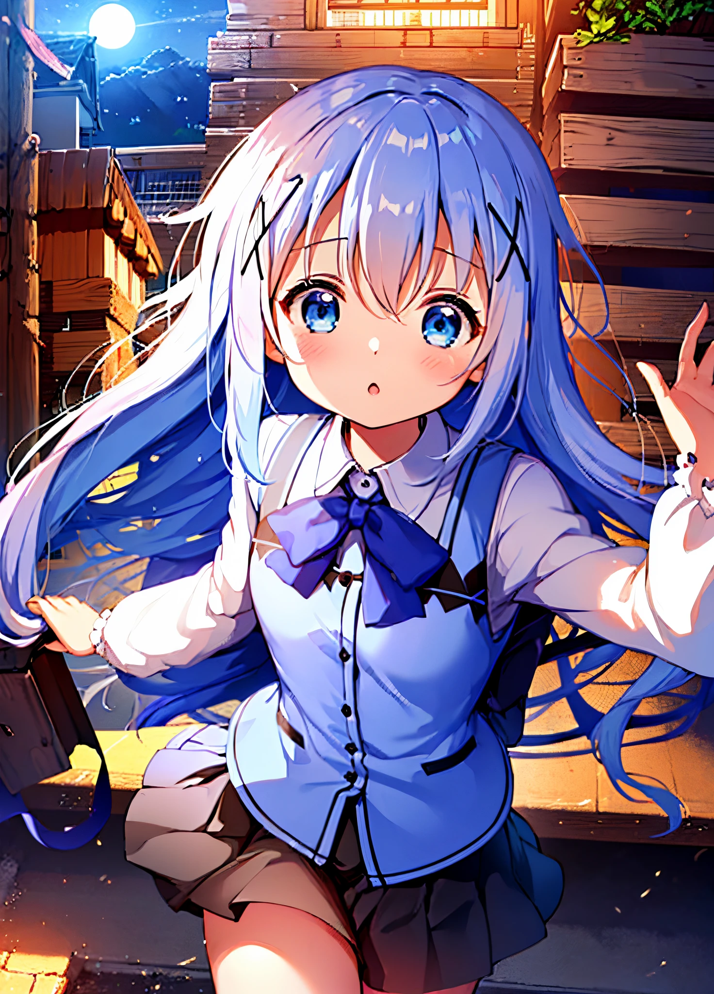 (((gochuumon wa usagi desu ka?))),(((Kafuu Chino))). long hair. Blue eyes.light Blue hair.(((masterpiece))).(((best quality))).)((ultra-detailed))).(((illustration))).(((run))).(((night view))).short stature.Blue uniform.black skirt.big breasts.serious