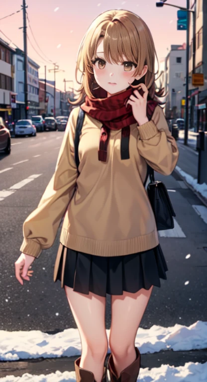 Isshiki Roha,Long Straight, brown haired, ,Brown-eyed, long court,muffler,Sweaters,long skirt,Brown Short Boots,red blush,In the street,Cold sky,It's snowing,Solo,