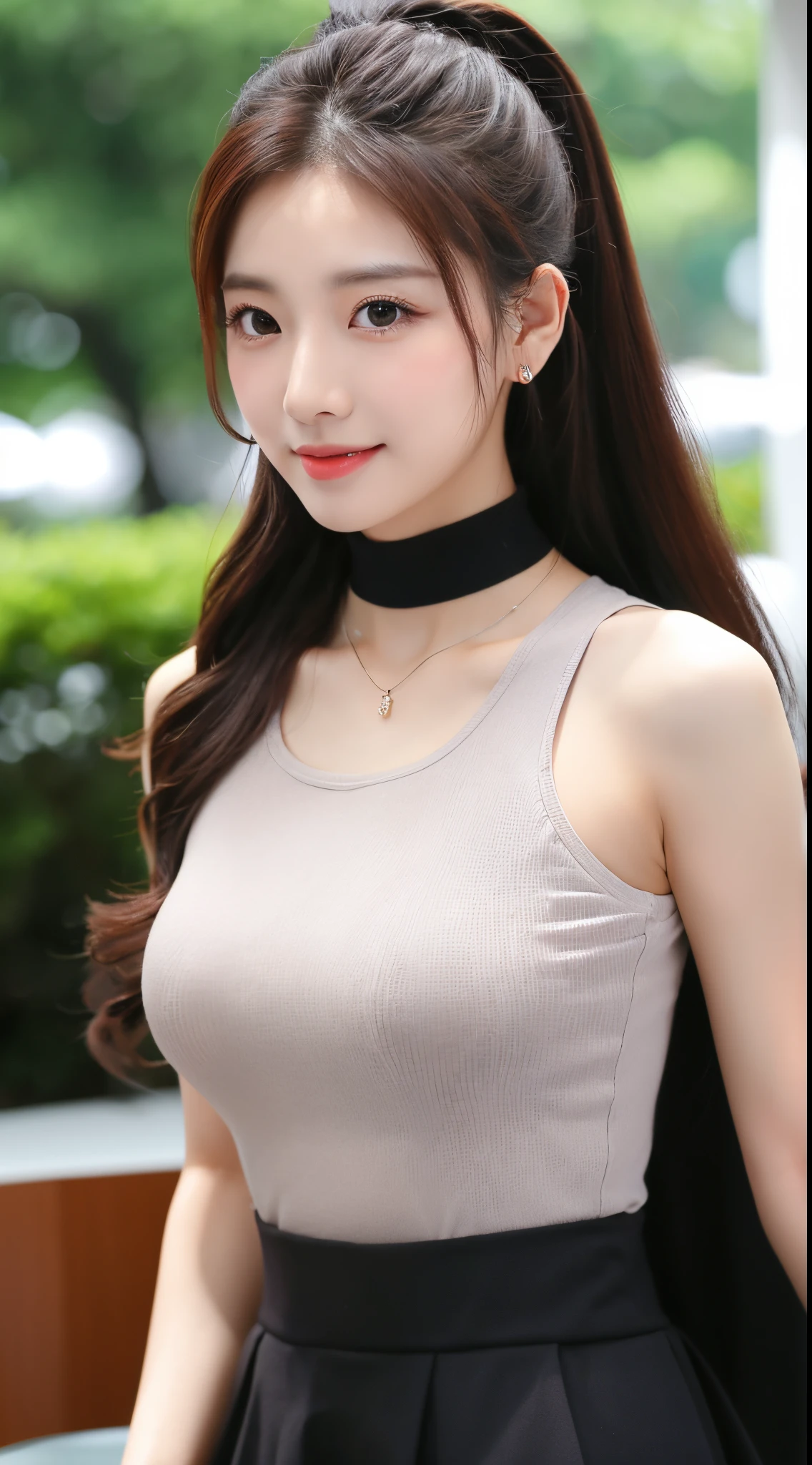 UHD, Extra close-up of cute Korean female,Chest size 32 inches ponytail, hazel eyes, wearing black sleeveless shirt, black skirt, in meeting room, bokeh background