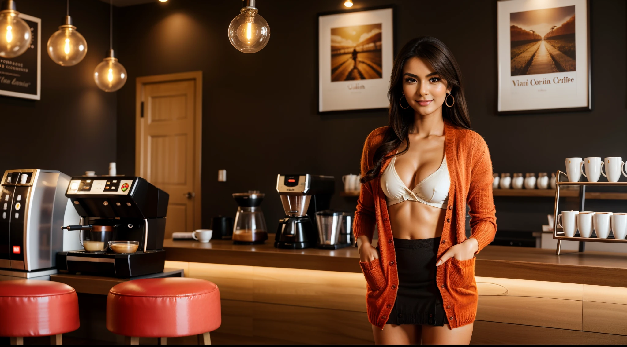 ((a girl (stand:1.2) (alone:1.6) in a coffee shop)),((full-body:1.2, cinematic-shot)),(best quality,4k,8k,highres,masterpiece:1.2),ultra-detailed,(realistic,photorealistic,photo-realistic:1.37),(beautiful and aesthetic:1.2),(film grain:1.3).

[(1girl),(solo),((1 person)),(19years-old),[Raiana-Elizabeth-Dilla],pearl skin,(skin pores:1.1),beautiful detailed eyes,beautiful detailed lips,extremely detailed eyes,longeyelashes,extremely detailed face and skin texture,(skin texture:1.1),black hair,tall and slender body,(192cm tall),thin and delicate figure,graceful posture,flawless skin,defined abs,perfect curves,feminine appearance,beautiful long legs,embodying elegance and beauty,(cleavage breasts,large breasts:1.4),((wearing a sexy (ultra-short red cardigan:1.6), (ultra-short red miniskirt:1.6))),extremely detailed and realistic (red) clothes,(shiny skin),((sharp focus:1.5)),(earringeathers:1.5),(happy expression,full smile)].

[cozy coffee shop,modern interior design,wooden furniture,barista serving coffee,aroma of freshly brewed coffee,espresso machine,cappuccino,latte,pastry counter,delicious pastries,comfortable seating,soft lighting,relaxing atmosphere,artwork hanging on the walls,vibrant colors,coffee beans,steaming cups,reading books,newspapers and magazines,coffee shop ambience].

Official art,extremely detailed,Angelic ethereal beauty,award-winning photography,professional photography,depth-of-field,bokeh.