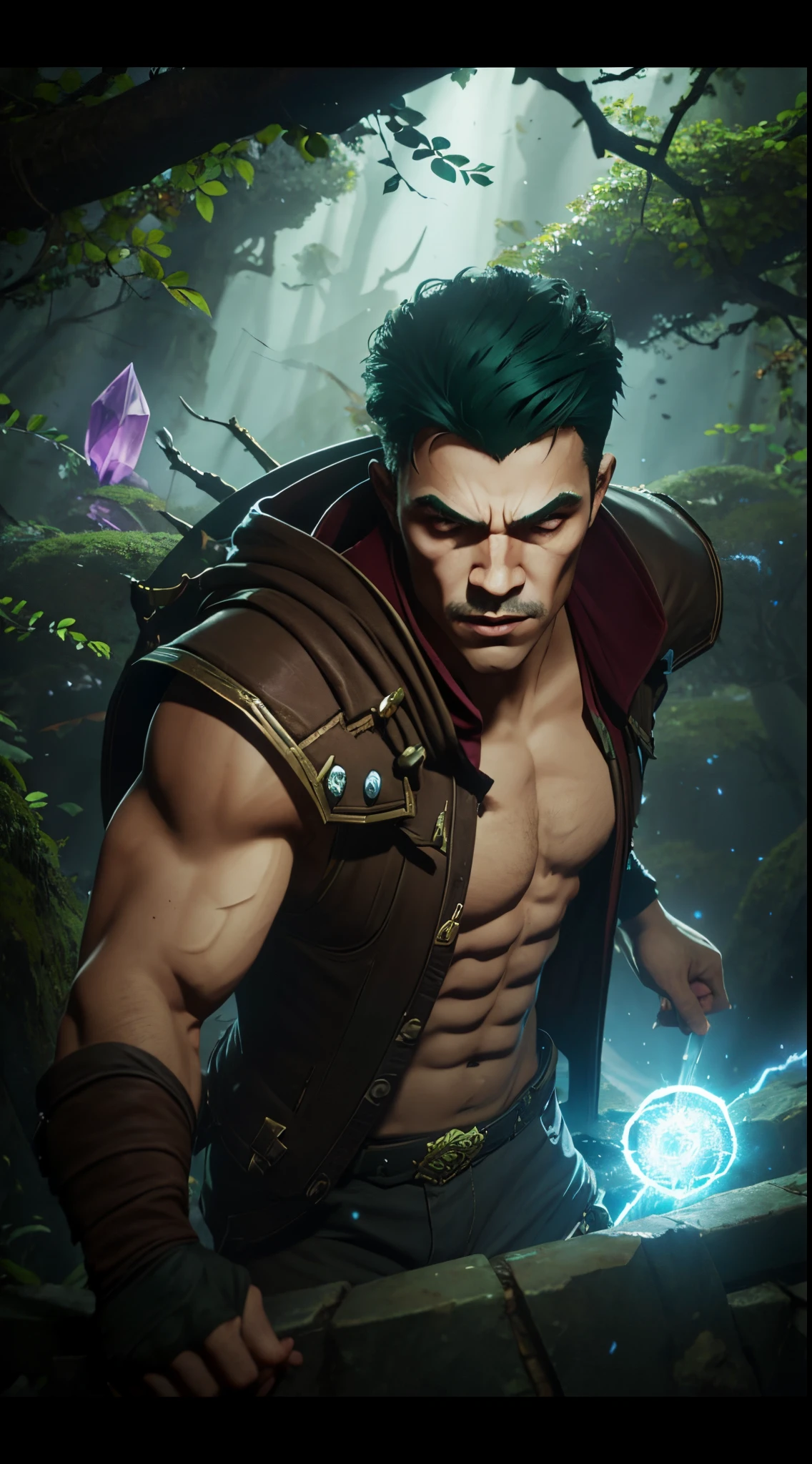 Personagem de League of Legends com cavanhaque com magia roxa bruxo musculoso 4k em um cenario de floresta