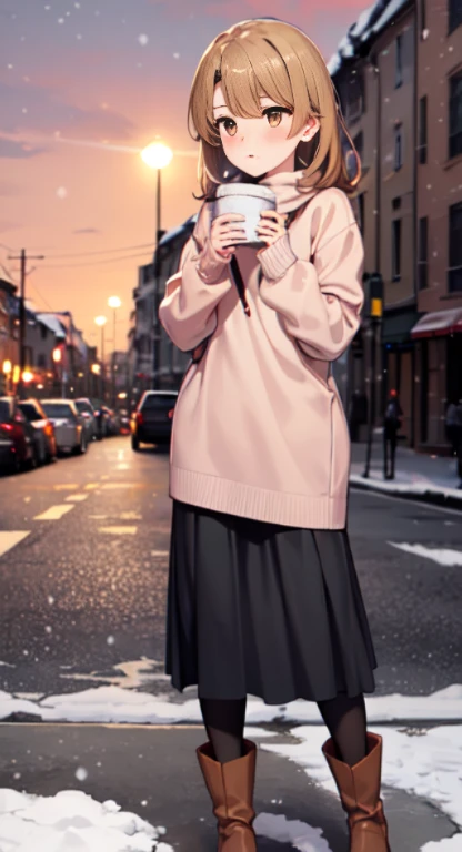Isshiki Roha,Long Straight, brown haired, ，Brown-eyed, long court，muffler，Sweaters，long  skirt，Brown Short Boots，black pantyhose king，red blush，In the street，Cold sky，It's snowing，Solo，