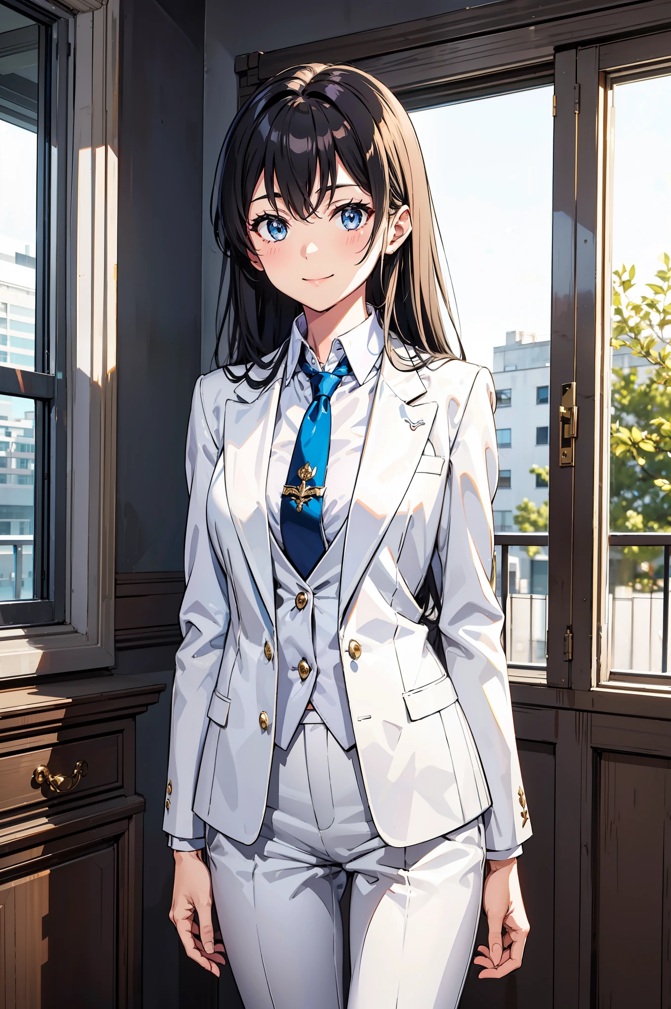 Yukinoshita yukino ,woman in formal attractive tailcoat standing in a large alcove in the room , 1girl, solo, blue necktie, black hair, blue eyes, long hair, smile , collared shirt, white pants, white shirt , tailored tailcoat elegant , standing in front of a window ,tailcoat tailored to elegant crafted from the lustrous fabric