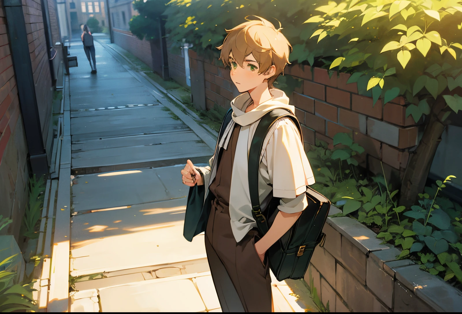 (studio ghibli style)(warm lighting) a male journalism major standing in the courtyard of the university of london. he’s lanky, approachable, and settles for more neutral toned clothes. news notepad in one hand. he has fluffy dirty brown hair, green eyes, freckles. 22 years old, clean shaven. settles for tighter clothing. camera hung around his neck. soft features, and he has pins on his messenger bag. gentle but happy neutral expression