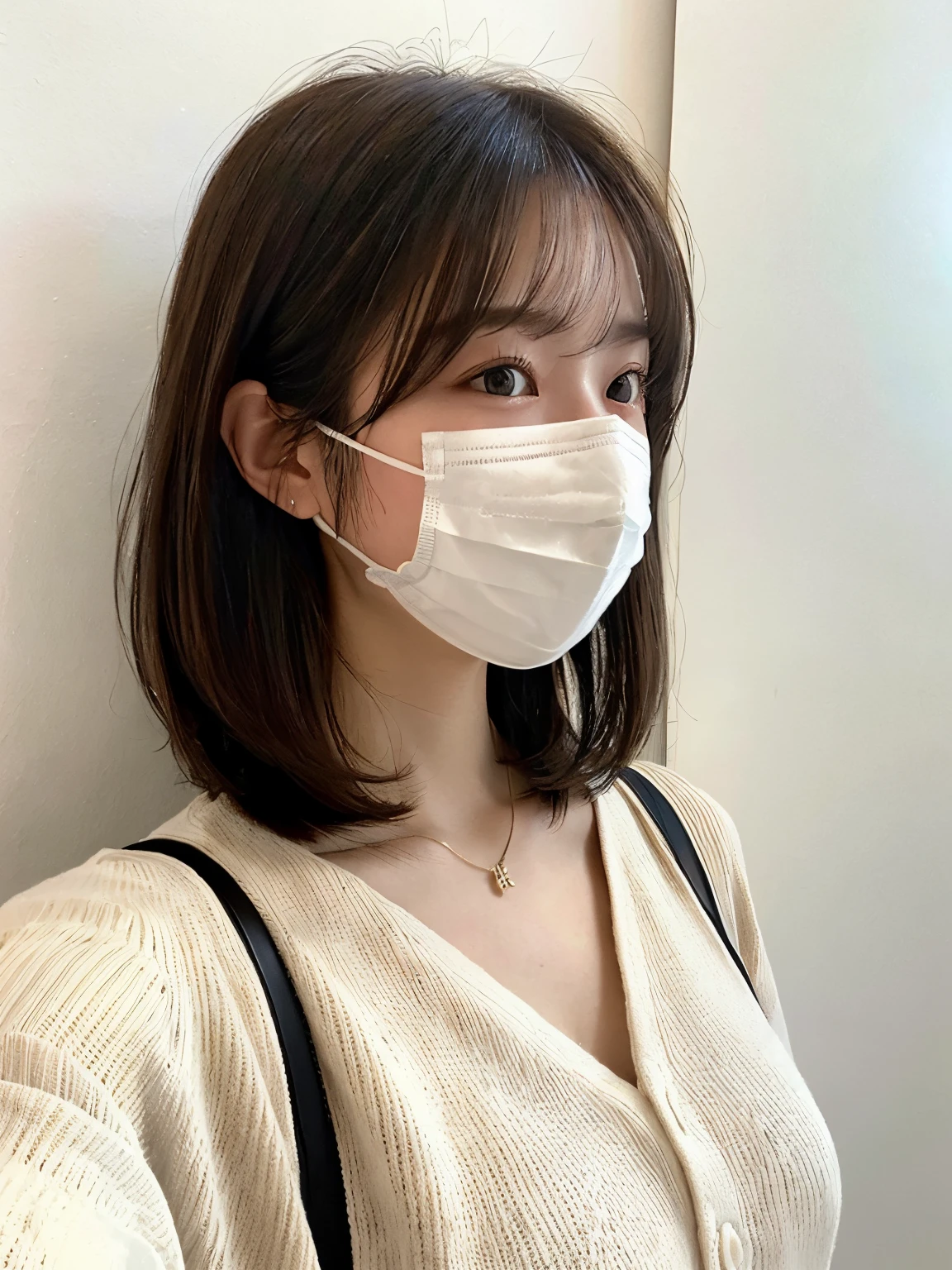 masterpiece、top-quality、The ultra -The high-definition、、colourfull、flat-colors、depth of fields、lens flare 1 girl、white walls、Taken in front of the white door、(white wall room with window)、A dark-haired、not looking at viewer、suspender rack jacket、JINS、Wear a face mask、profile、(Beautiful profile:1.women's pictures'Back of、Don't look at the camera、Beautiful back、smooth hair、Glossy hair、straight haired、Bob Hair、posterior view、Beautiful back、Wear a face mask、Shot in natural light、((Layered Haircut))、A dark-haired、Autumn clothes、Winter clothes、 Necklace、Beige Knitwear、Beige sweater