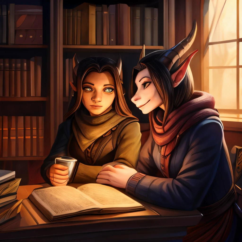 Female Dragonborn space pirate and her Tiefling Mandalorian girlfriend and their daughter Stargazing the cosmos from the viewport of their starship.