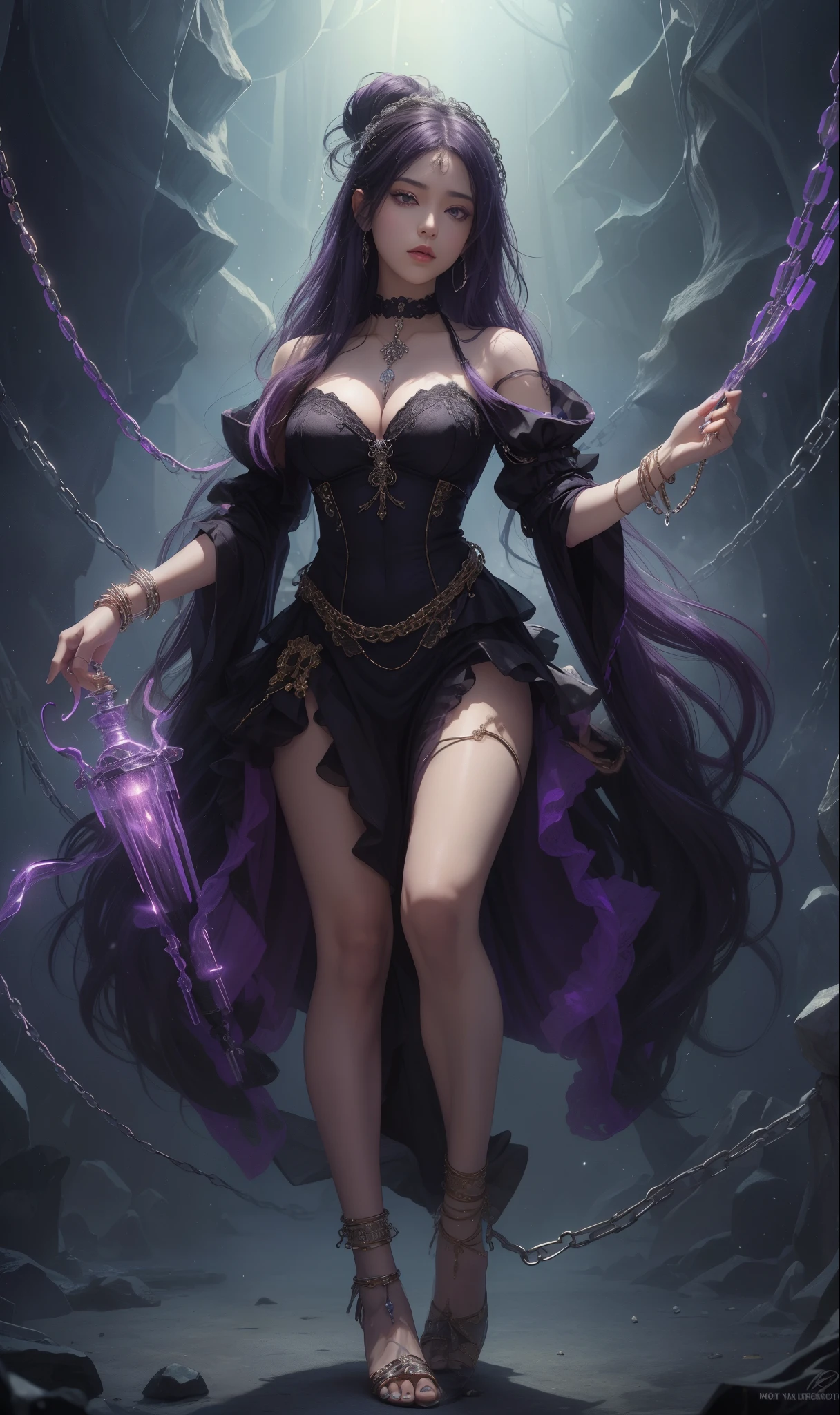 tmasterpiece，Highest image quality，Beautiful full body portrait of the older slave sister，Exquisite purple and black hairstyle，blacksilk，Decorated with a series of metal choker and anklet chains，torture position，Ultra-detailed details，advanced。At the Pixiv Art Station，Break your own power，Louie，Big breasts exposed，R-18G