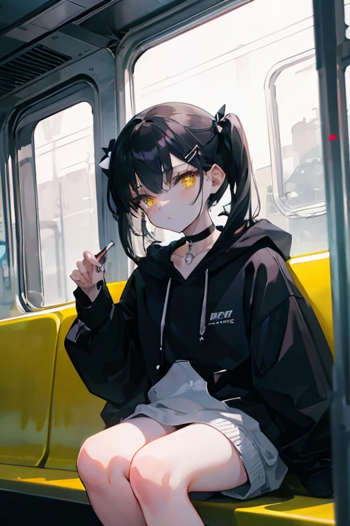 (masterpiece, best quality, 4k, insane details, watercolor, 1girl), long black hair, long twintails, cute hair pins, yellow eyes, choker, wearing a long black hoodie that covers her thighs, oversize clothes, sitting inside a train, leaning on the train window, cell shading, aesthetic, vibrant, perfect body, perfect hands, perfect eyes, detailed eyes, bokeh, reflections, cold atmosphere