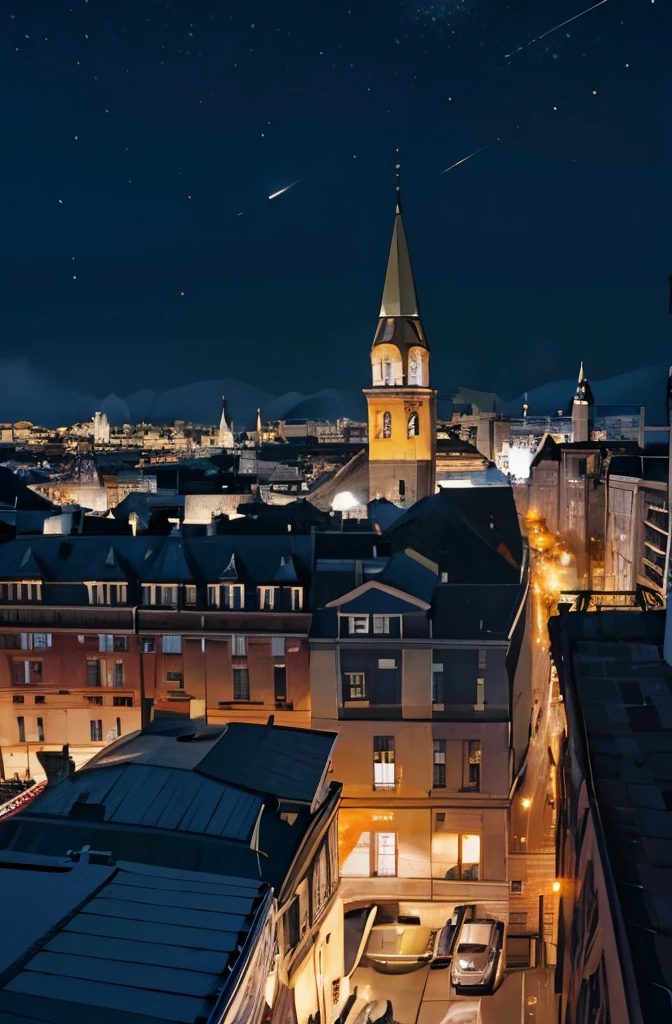 view from the roof of a building. city occupied at night, foto de cor crua, perfeitamente fotorealista, incrivelmente detalhado, 8k, UHD, (apenas ambiente)