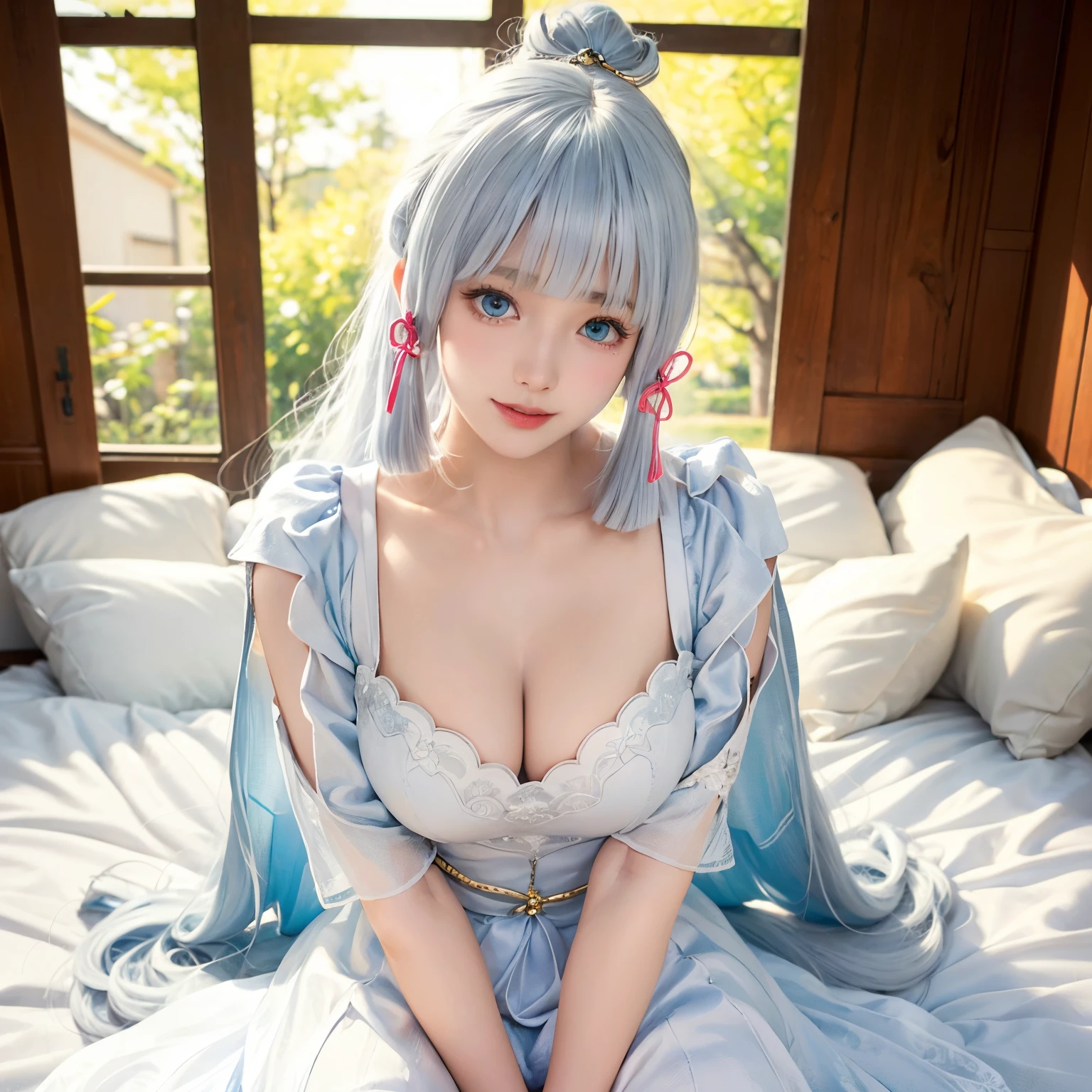 full bodyesbian, The look of it, Be red in the face, Indoors, looking at viewert, Bedrooms, moody light, (Perfect details of blue eyes:1.2), glowing light eyes, Glossy glossy skin, ssmile, (white color hair,Long hair and high ponytail:1.2), (humongous large breast), , Pubic Area Showing, Lie down in bed, (tmasterpiece, Best quality at best, high qulity:1.4), professionalartwork, Complicated details, Field of View, Focus sharp, from the above