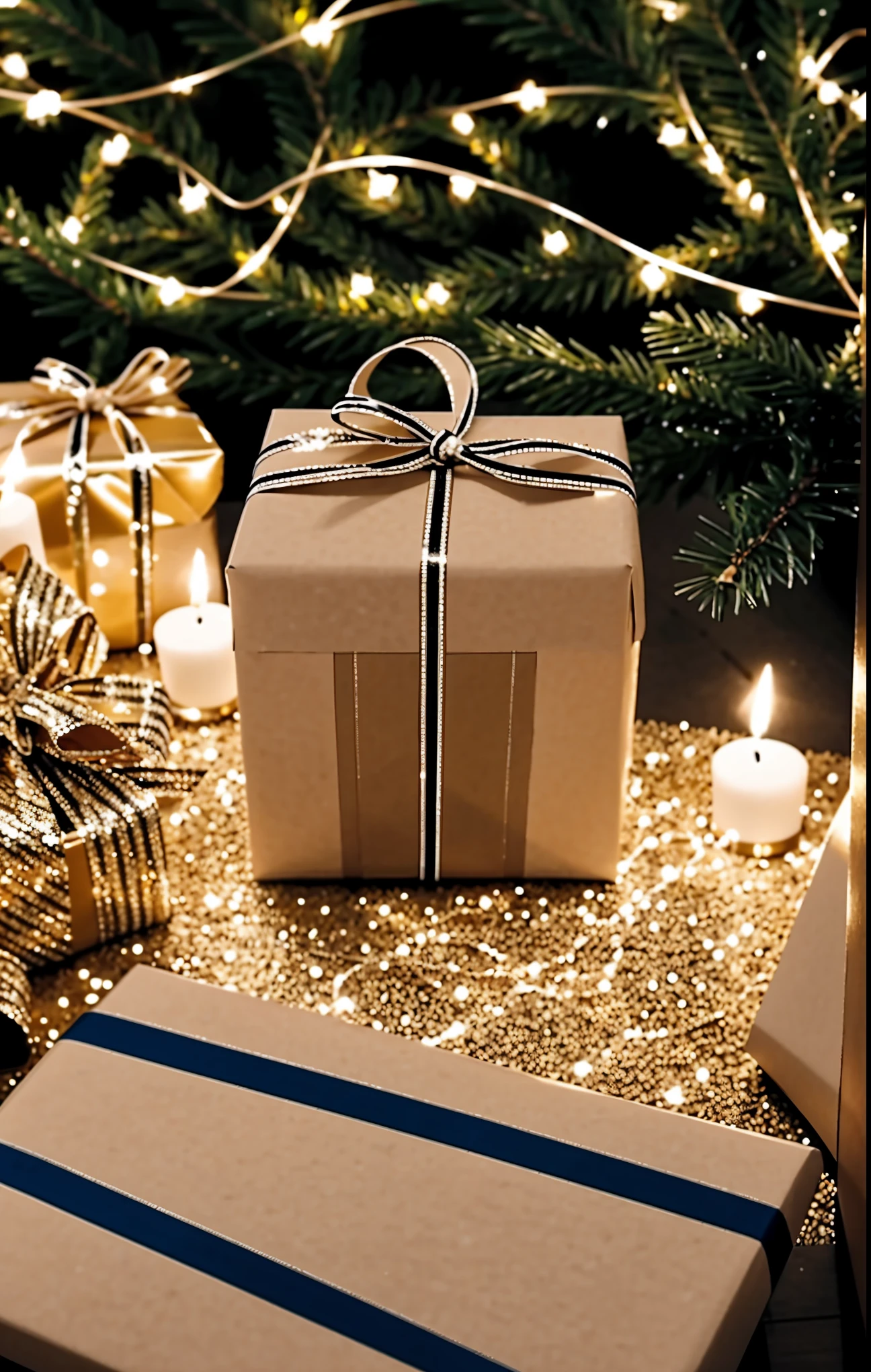 (best quality,4k,8k,highres,masterpiece:1.2),ultra-detailed,realistic,gifts,table,Christmas tree,decorations,wrapping ,bows,ribbon,presents,holiday spirit,vibrant colors,warm lighting,cozy atmosphere,toys,cards,candles,snowflakes,joyful,celebration,exquisite details,exciting surprises,shiny ornaments,sparkling tinsel,beautifully wrapped,excited children,anticipation,festive mood,magical ambiance,delightful moment,wonderful memories,family gathering,cheerful faces,Christmas magic,extravagant,abundance of presents,HDR,UHD,studio lighting,ultra-fine painting,sharp focus,physically-based rendering,professional,vivid colors,bokeh.