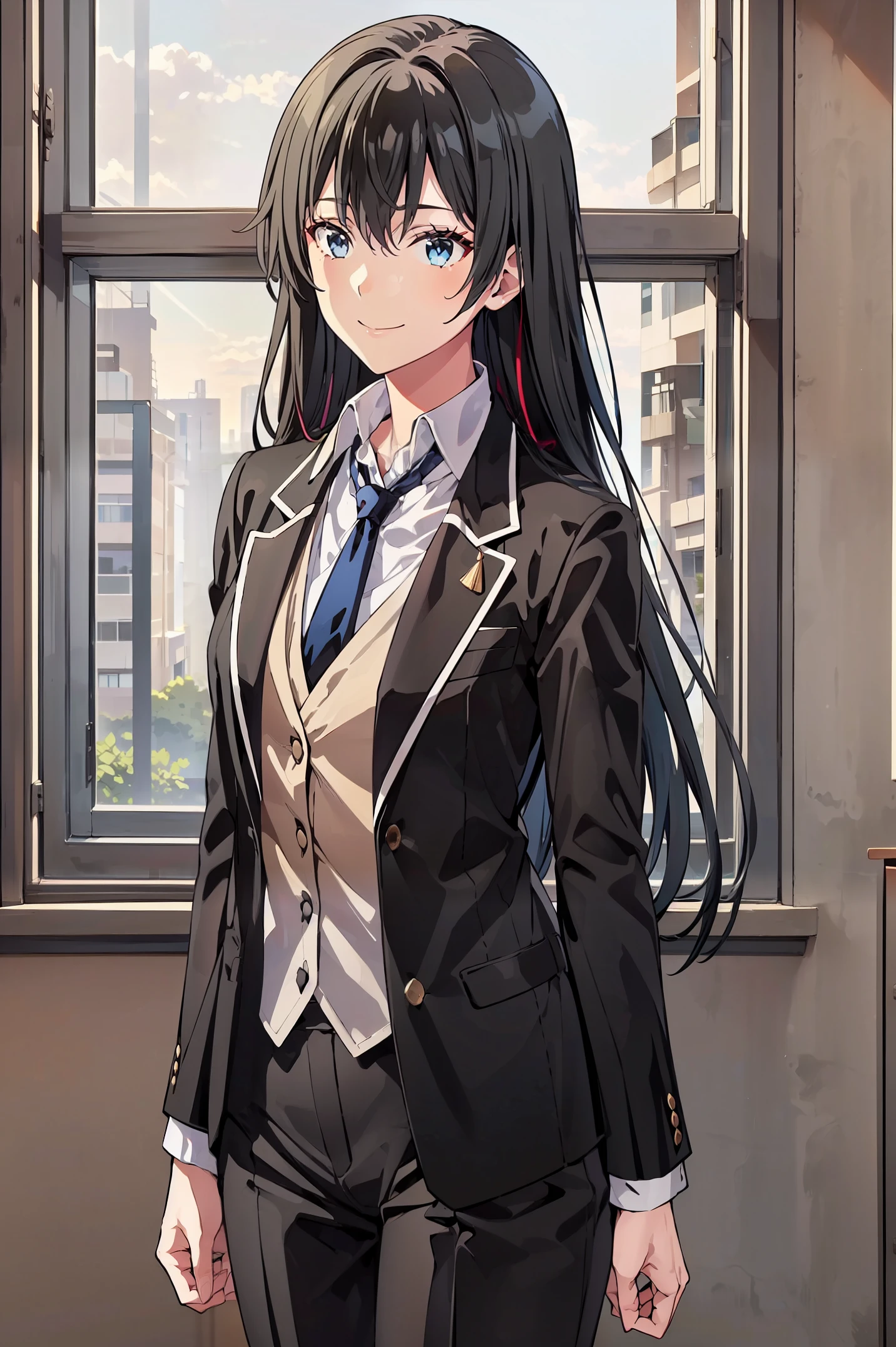 Yukinoshita yukino ,woman in formal attractive tailcoat standing in a large alcove in the room , 1girl, solo, blue necktie, black hair, blue eyes, long hair, smile , collared shirt, white pants, white shirt , tailored tailcoat elegant , standing in front of a window ,tailcoat tailored to elegant crafted from the lustrous fabric