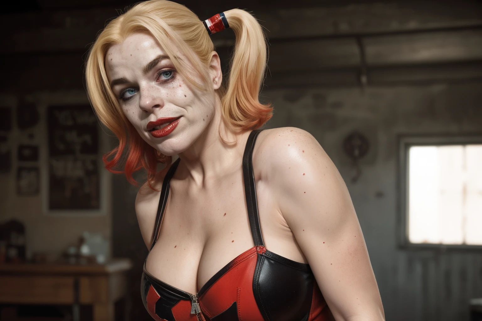 Neutral Colors, Effect: firm features, effect: crow's foot marks on the face, Photo of a mature american woman, dominant pose, curvy on the bottom, large and firm breasts, breasts about to burst of her clothing, big cleavage, freckles, blonde, short hair, skin with many freckles and slightly marked by the age of 40 to 55 years and with dripping sweat, harley quinn outfit, madure harley quinn appearance.