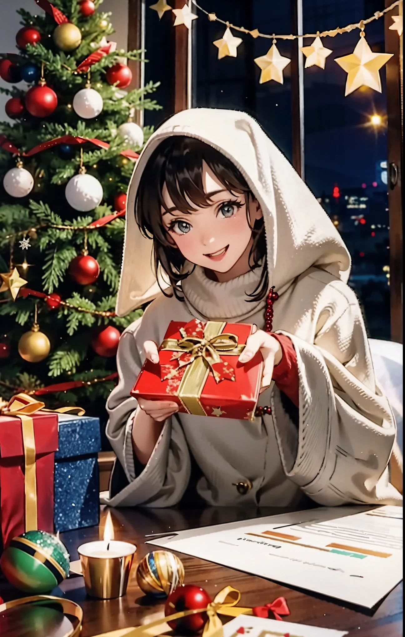 (best quality,4k,8k,highres,masterpiece:1.2),ultra-detailed,realistic,gifts,table,Christmas tree,decorations,wrapping ,bows,ribbon,presents,holiday spirit,vibrant colors,warm lighting,cozy atmosphere,toys,cards,candles,snowflakes,joyful,celebration,exquisite details,exciting surprises,shiny ornaments,sparkling tinsel,beautifully wrapped,excited children,anticipation,festive mood,magical ambiance,delightful moment,wonderful memories,family gathering,cheerful faces,Christmas magic,extravagant,abundance of presents,HDR,UHD,studio lighting,ultra-fine painting,sharp focus,physically-based rendering,professional,vivid colors,bokeh.