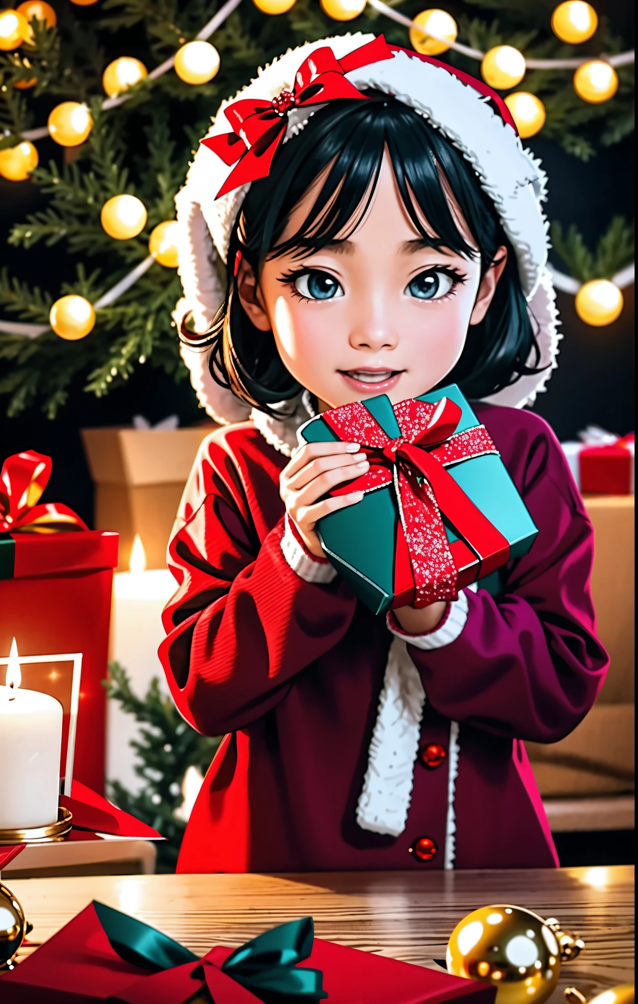 (best quality,4k,8k,highres,masterpiece:1.2),ultra-detailed,realistic,gifts,table,Christmas tree,decorations,wrapping ,bows,ribbon,presents,holiday spirit,vibrant colors,warm lighting,cozy atmosphere,toys,cards,candles,snowflakes,joyful,celebration,exquisite details,exciting surprises,shiny ornaments,sparkling tinsel,beautifully wrapped,excited children,anticipation,festive mood,magical ambiance,delightful moment,wonderful memories,family gathering,cheerful faces,Christmas magic,extravagant,abundance of presents,HDR,UHD,studio lighting,ultra-fine painting,sharp focus,physically-based rendering,professional,vivid colors,bokeh.