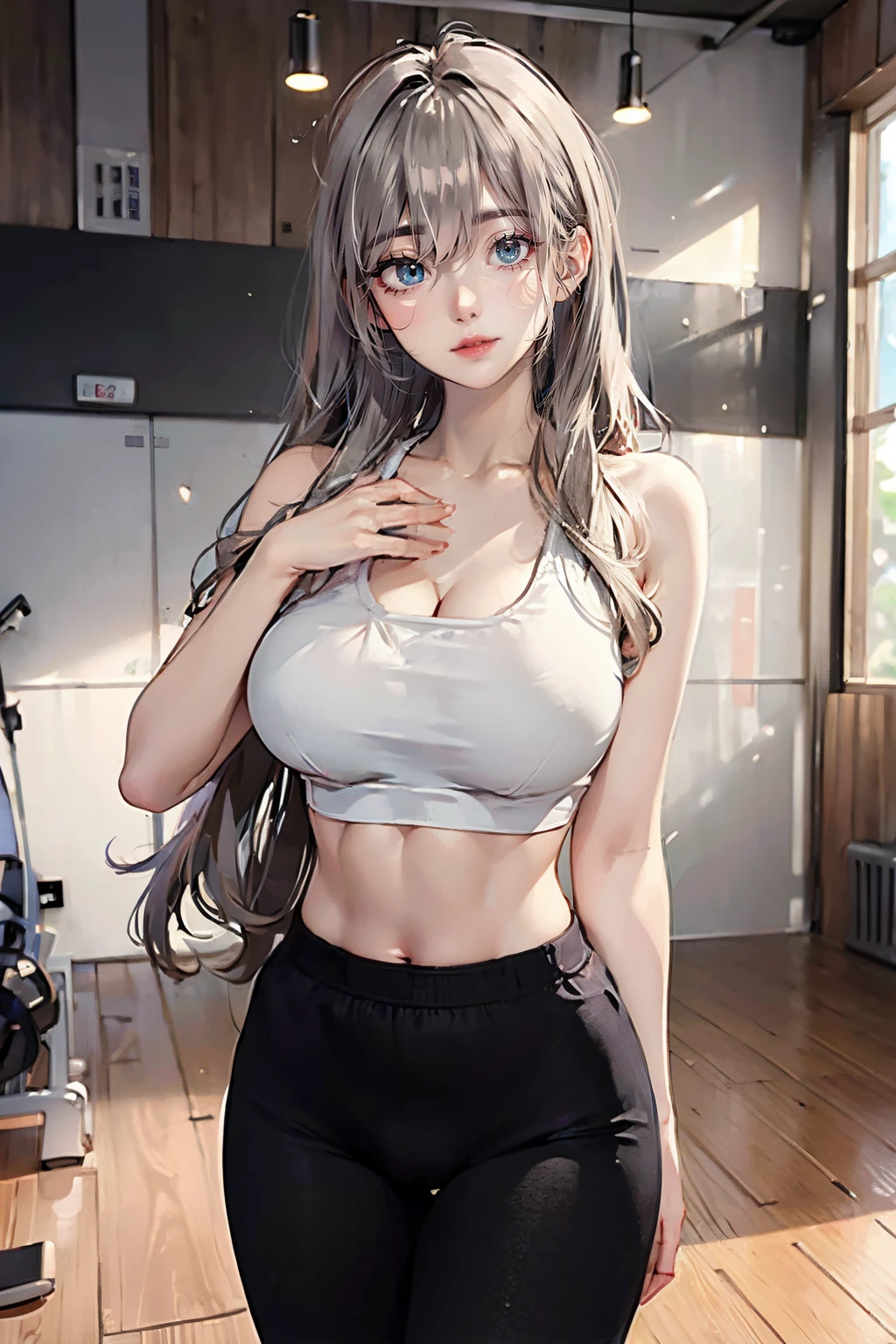 (masterpiece:1.2, best quality:1.2, ultra HD, highres:1.5), Gorgeous caucasian woman, (crystal green eyes), ((symmetrical eyes)), ((detailed eyes)), double eyelids, long eyelashes, silver hair, bangs, (hair over eyes), pale white skin, (confident), glossy lips ((beautiful big breasts:1.4)), (exposed cleavage), (gym outfit), ((trackpants)), tight clothing, (abs), atheletic body, (slim waist), wide hips, detailed pubic area, (smoothie in hand), dynamic pose, wooden floor, (brick wall background), gym equipments, rich background, blurry_background, blur effect, ((ultra-detailed)), wallpaper, HD wallpaper, illustration, high contrast, dynamic lighting, professional photography, HD, 8k, 1080, ultra high resolution, ((detailed face)), intrinsic details, aesthetic indoors