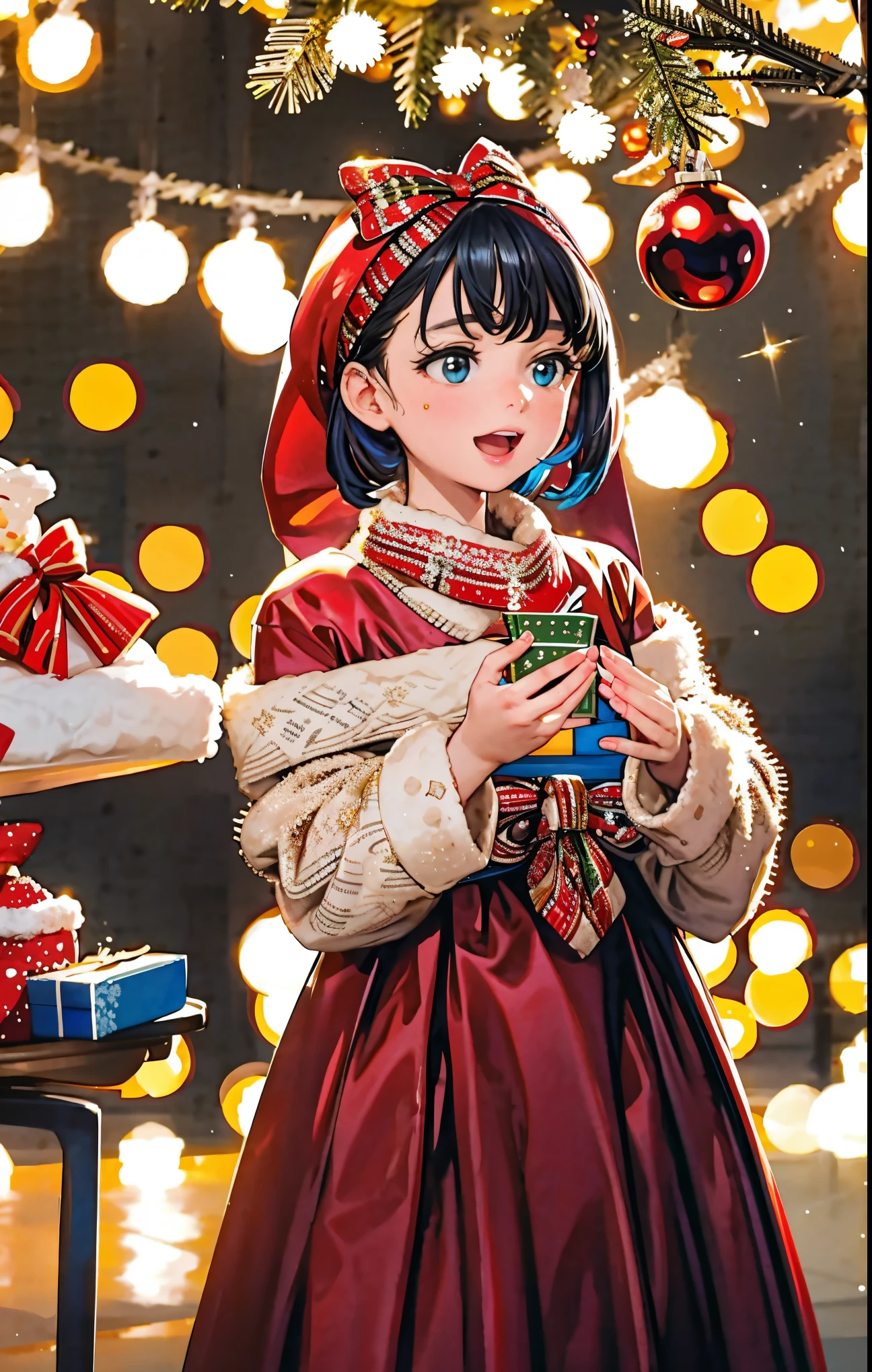 (best quality,4k,8k,highres,masterpiece:1.2),ultra-detailed,realistic,gifts,table,Christmas tree,decorations,wrapping ,bows,ribbon,presents,holiday spirit,vibrant colors,warm lighting,cozy atmosphere,toys,cards,candles,snowflakes,joyful,celebration,exquisite details,exciting surprises,shiny ornaments,sparkling tinsel,beautifully wrapped,excited children,anticipation,festive mood,magical ambiance,delightful moment,wonderful memories,family gathering,cheerful faces,Christmas magic,extravagant,abundance of presents,HDR,UHD,studio lighting,ultra-fine painting,sharp focus,physically-based rendering,professional,vivid colors,bokeh.