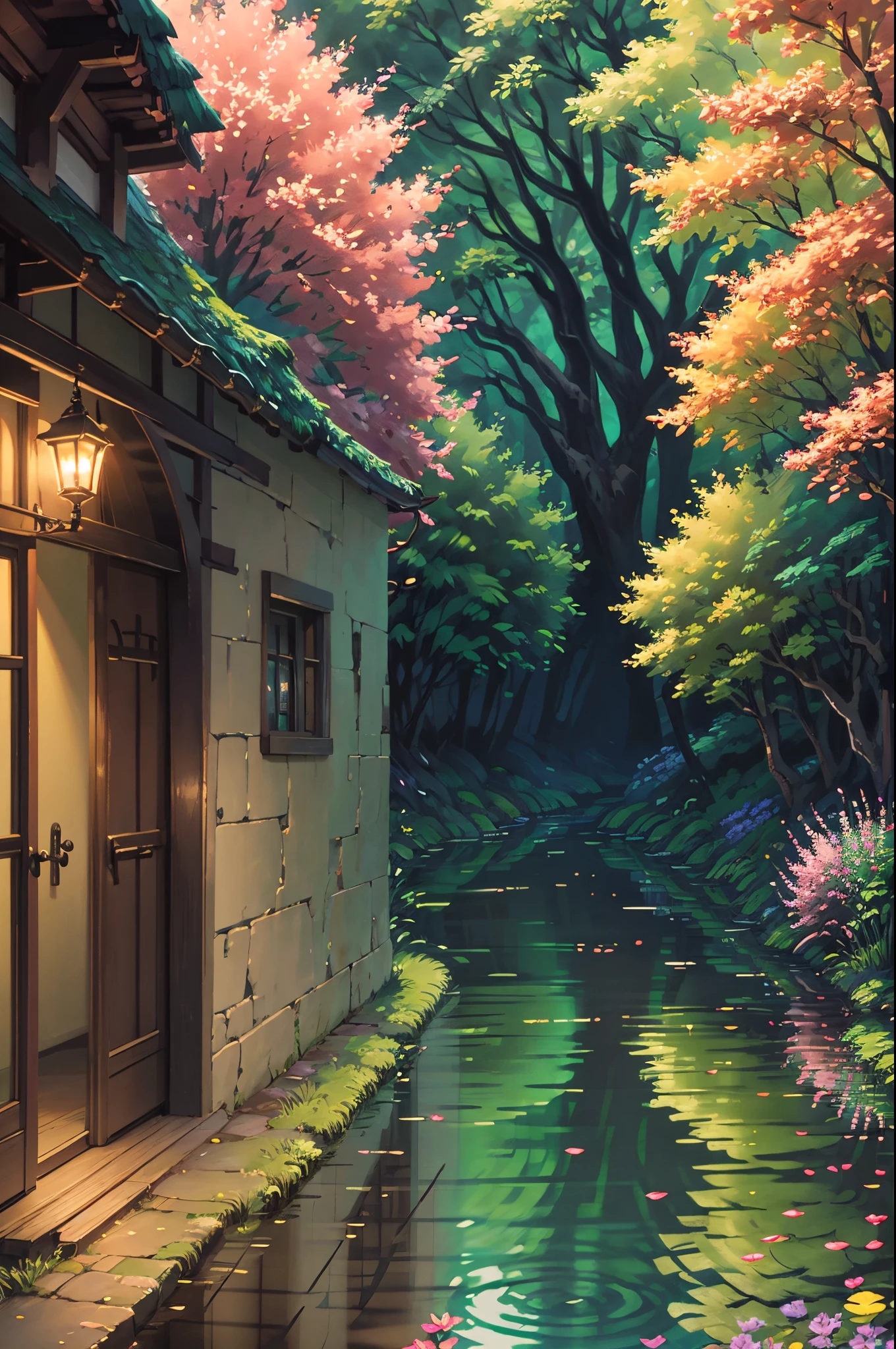 An enchanted forest with vibrant flowers, towering trees, and sparkling streams. [Magical] [Lush greenery] [Mystical atmosphere], [dreamlike scenery], [soft sunlight filtering through the foliage]. The flowers bloom in a riot of colors, with [exquisite petals] [glistening in the light]. [Delicate butterflies] flit from one flower to another, adding a touch of whimsy to the scene. [Majestic trees] reach towards the sky, their branches covered in [glowing moss] and [twinkling fairy lights]. The streams meander through the forest, their waters crystal clear and filled with [glittering magic]. The air is filled with the sweet scent of [magical blooms], and the sound of [hushed whispers] can be heard in the distance. The forest is a sanctuary for [mystical creatures] such as unicorns, fairies, and talking animals. The overall [high-resolution] [painting-like] quality of the image enhances the ethereal and enchanting atmosphere. The colors are vibrant and saturated, with a [dreamy color palette] that evokes a sense of fantasy. The lighting is soft and diffused, giving the forest a magical glow.