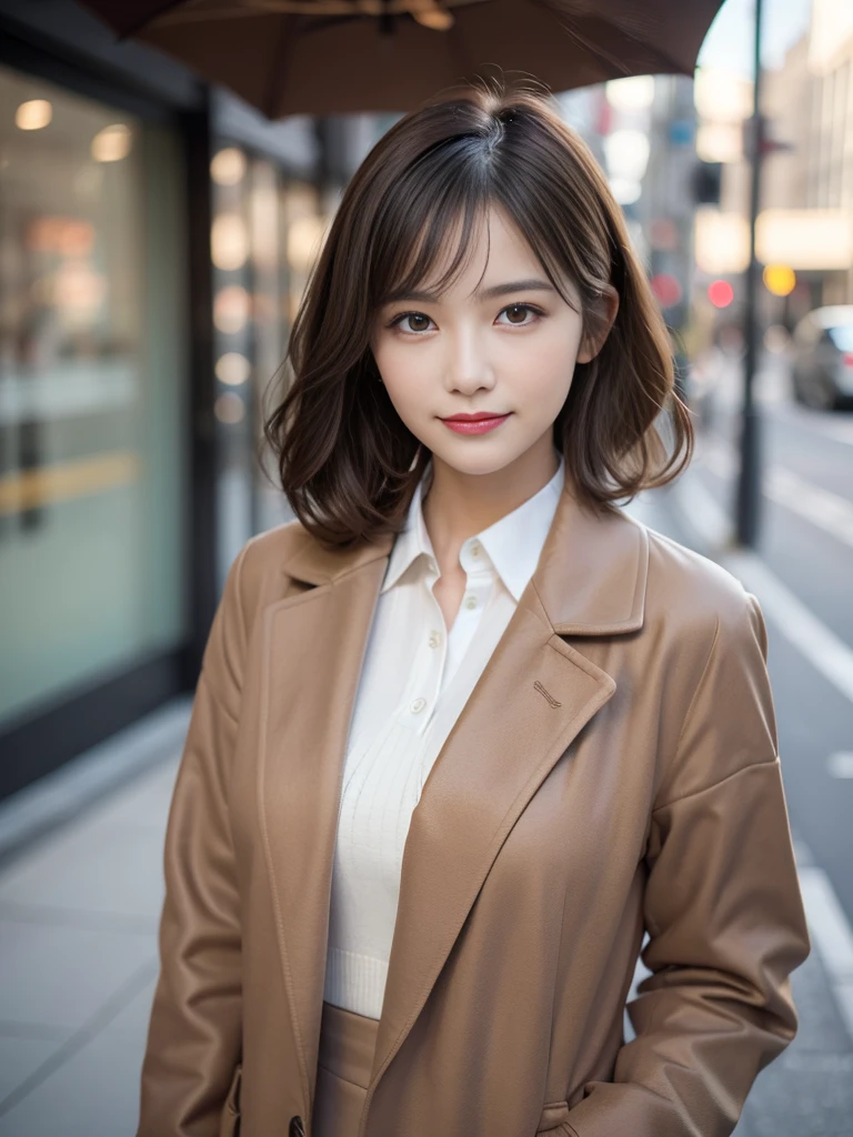 Beautiful brunette, A woman wearing a brown coat standing on the city sidewalk, Sophisticated young woman wearing a brown brushed coat, Woman wearing a trench coat, Attractive woman, women's pictures, Woman in business suit, well lit professional photo, wearing a luxurious jacket, Brown jacket, Gorgeous mid-shot portrait, 60mm portrait,  wearing a long coat, Very detailed, 20yr old, Innocent face, short-hair, Natural wavy shape, Eyes are brown, High resolution, masutepiece, Best Quality, Intricate details, Highly detailed, Sharp Focus, Detailed skin, Realistic skin texture, Texture, Detailed eyes, Professional, 4K, Charming smile, shot in Canon, 85 mm, Shallow depth of field, Kodak Vision Color, Perfect Fit Body,  Extremely detailed, a picture_\(Ultras\), Photorealistic, Realistic, Post-processing, Maximum Detail, Roughness, Real life, A hyper-realistic, Photorealism, Photography, 8K UHD, Photography