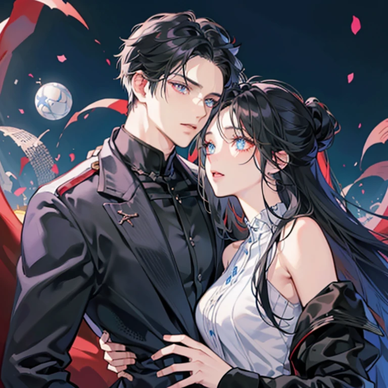 anime couple hug, 1 male and 1 female, , Face, Human, (Man's: A dark-haired: Red eyes), (Man's: Redeye),(Woman's: long black hair: Blue eyes ), (Woman's: Blue Eye),doress,ball