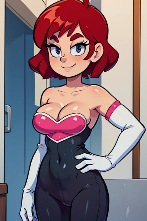 [less8 Pacman ghost], ((masterpiece)), ((High Definition)), ((high quality)), ((detailed shading)), ((beautiful rendering art)), ((solo portrait)), ((Whole body)), ((Front view)), ((intricate details)) ,kneeling, playboy bunny, Red suit ,socks negras, socks . , blue eyes, Red hair, , short hair, big breasts, shoes, red shoes, defined neckline,(Blue socks), human,hair ornament, white rabbit tail,  cyberpunk, neon, interiors, casino, depth of field,, Alone, looking at the viewer, very sensual, blushing, mischievous smile, shy pose
