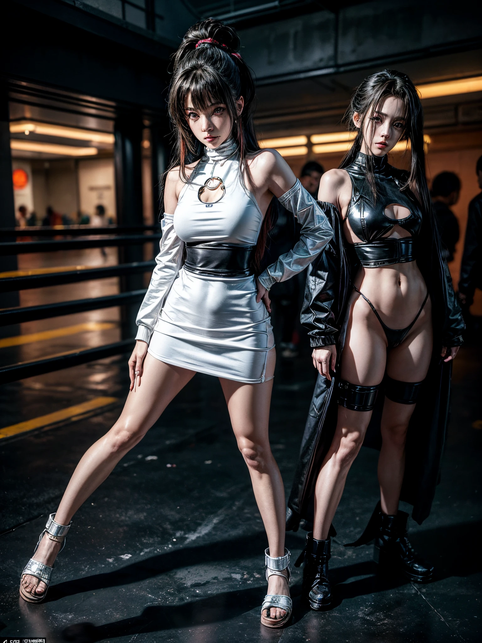 full body shot 1990s anime cyberpunk flirty female, full detailed eyes, suductive stance, Toriyama, Miyazaki