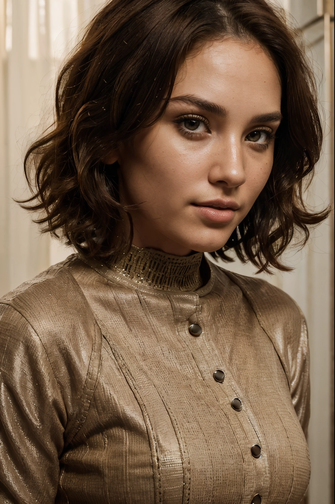 Breathtaking cinematic photo of a 30 year old girl with brown hair and brown eyes, happy, cheerful expression, closed mouth, beautiful lips, intricate details, shallow depth of field, highly detailed, high budget, epic Hollywood film, gorgeous, masterpiece, award-winning, professional, highly detailed, detailed skin texture, (blush: 0.5), (goosebumps: 0.5). (the most beautiful woman in the world) (brown hair) (short curly hair, wild hair, stylish cut) thin face, thin nose, beautiful, very beautiful, perfect face, slender body (slender), (brown hair) (brown eyes ) (white skin) Beautiful body, western face, predatory eyes, pink lips, thick thighs. full body, western beauty, thin nose, beautiful, perfect, ((best quality)), ((ultra resolution)), ((photorealistic: 1.4)), (intricate details), perfect face, makeup: 1.5 , clear face, facial details. front view ((uniform, tactical costume, agent costume, spy))