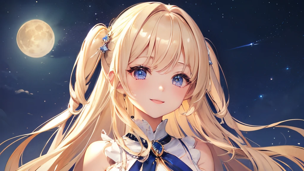 Beautiful blonde two side up hairstyle、absurderes、pure white long dress、Emphasis on the chest、Blue Ribbon、A very large and beautiful sapphire brooch、Cute young lady、Beautiful purple eyes studded with colorful jewels、A beautiful big smile with great attention to detail、;D、beautiful and delicate flowing hair、Beautiful delicate and detailed hands、独奏、Super beautiful illustration、Cute and beautiful, Beautiful face very delicate and detailed、castle balcony background、Wonderful and fantastic starry sky with highly detailed big full moon