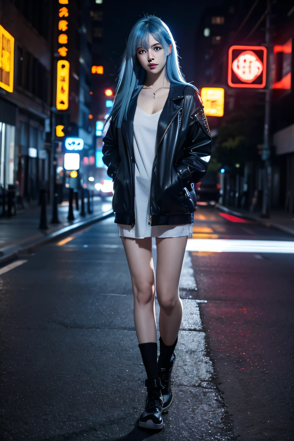 high high quality, A high resolution, 1 busty girl, Alone,which stands on the street，Blue hair, Long gray hair, eBlue eyes, standing full-body, hands in a pocket, depth of fields, cyber punk style，droid，Expose your feet