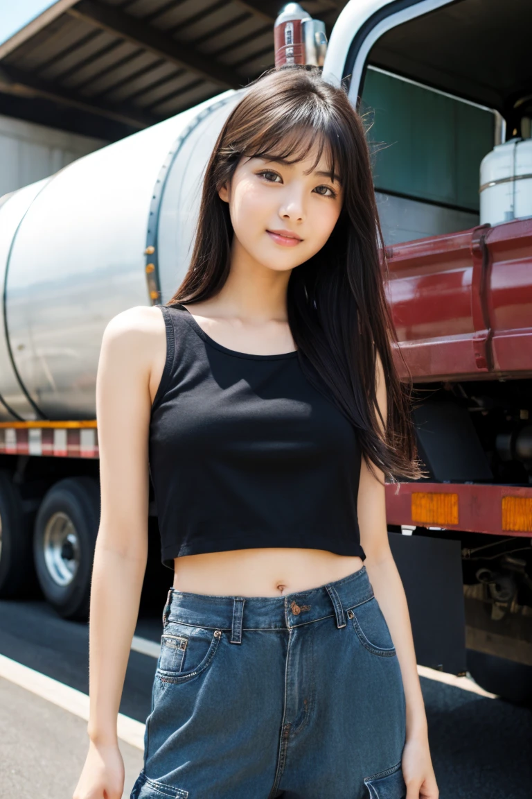 Beautiful girl standing in front of an oil tank truck、(18year old)、summer clothing、A dark-haired、japanes、Doya face、Half Cargo Pants、tall、There is wind、