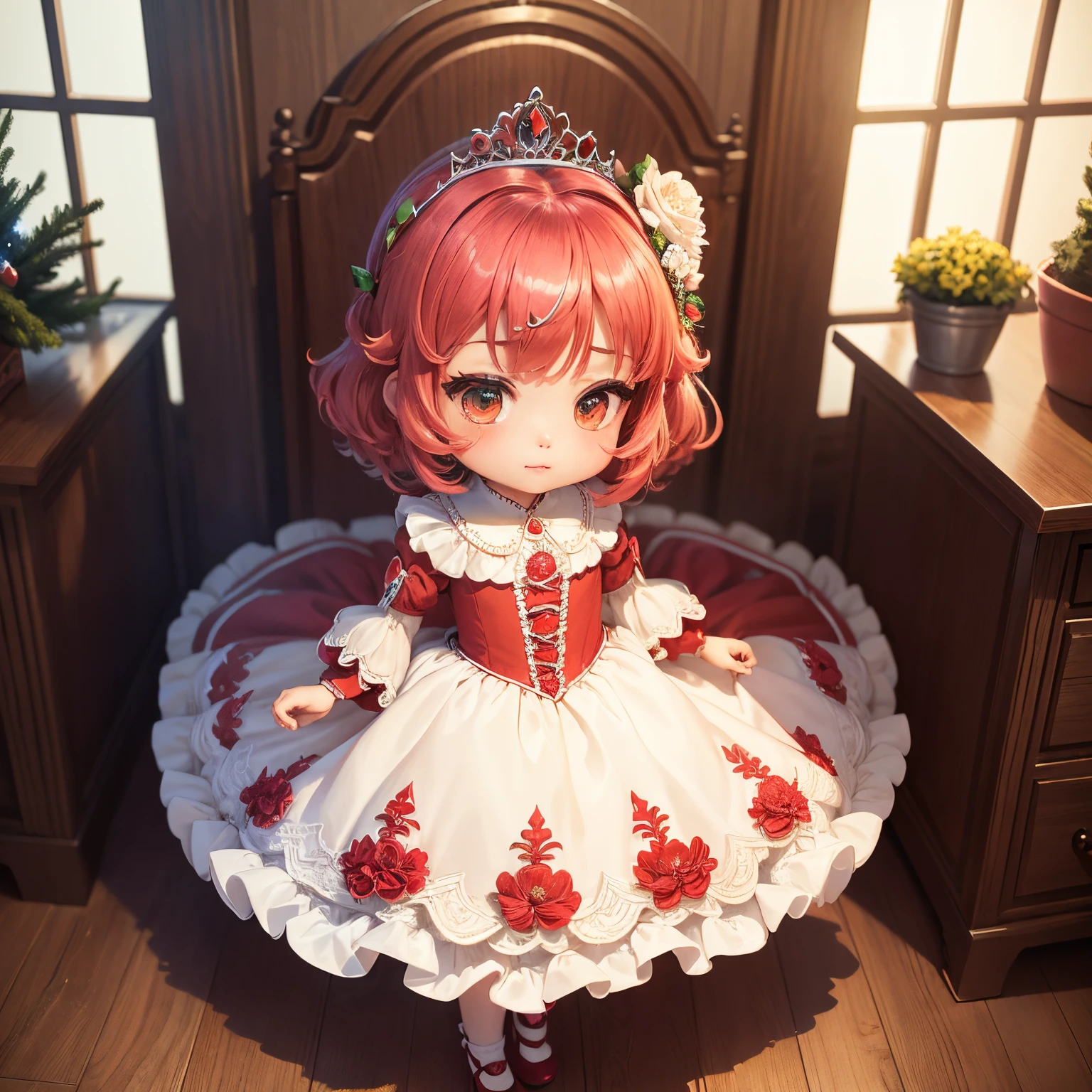 masterpiece、top-quality、ultra-detailliert、(Chibi Chara Princess:1.27),(flower tiara:1.3),richly decorated red, The green and white dress has ruffles and peplums.,glitter shines,fairy tale living room,(Christmas tree:1.1),A smile,Full-body standing figure