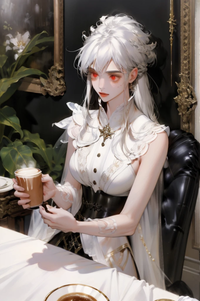 amiya(arknights), 1girl,8k wallpaper,extremely detailed figure, amazing beauty, detailed characters, {detailed background},aestheticism, sitting, winter, coffee shop, corner, coat, scarf, large breasts, gray hair, red eyes, emotionless, obedient, obedient, thick eyebrows, small nose, full lips, long eyelashes, delicate neck, slender shoulders, bare arms, delicate hands, long fingers, pointed nails, high cheekbones, oval face, , rosy cheeks, cup of coffee, saucer, steam, warm, cozy, comfortable, relaxed, calm, quiet, peaceful, serene, contemplative, close-up, best quality, amazing quality, very aesthetic, absurdres