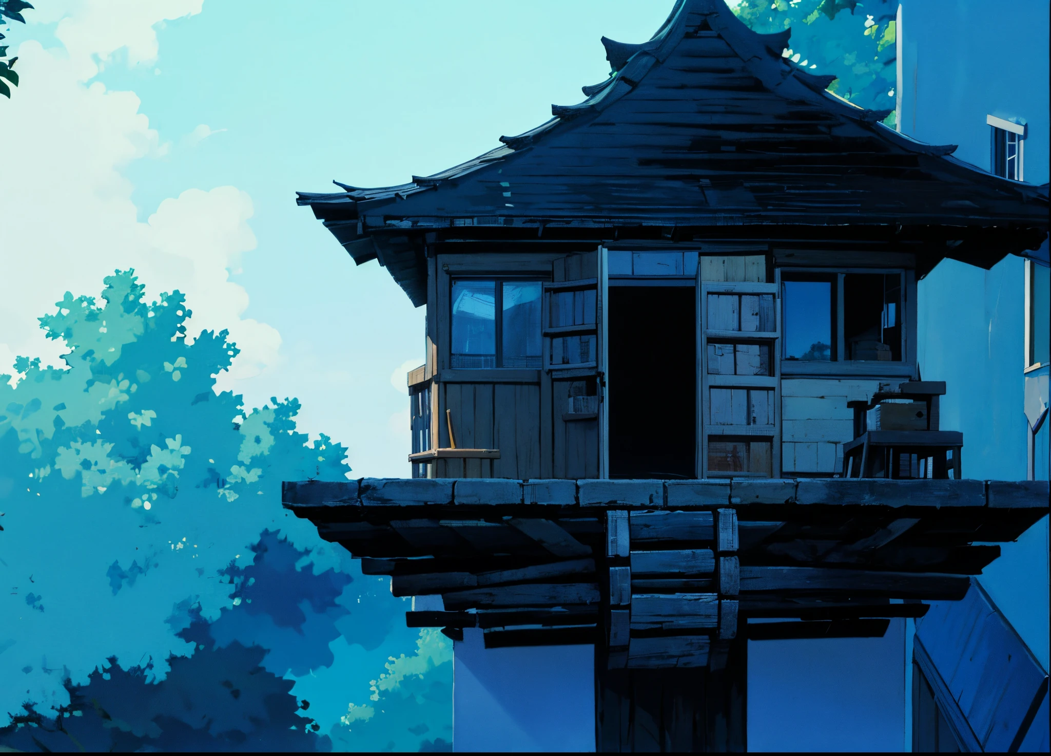 CASA NA ARVORE, house elevated off the ground on a tree trunk. intrincate details. Fundo do anime