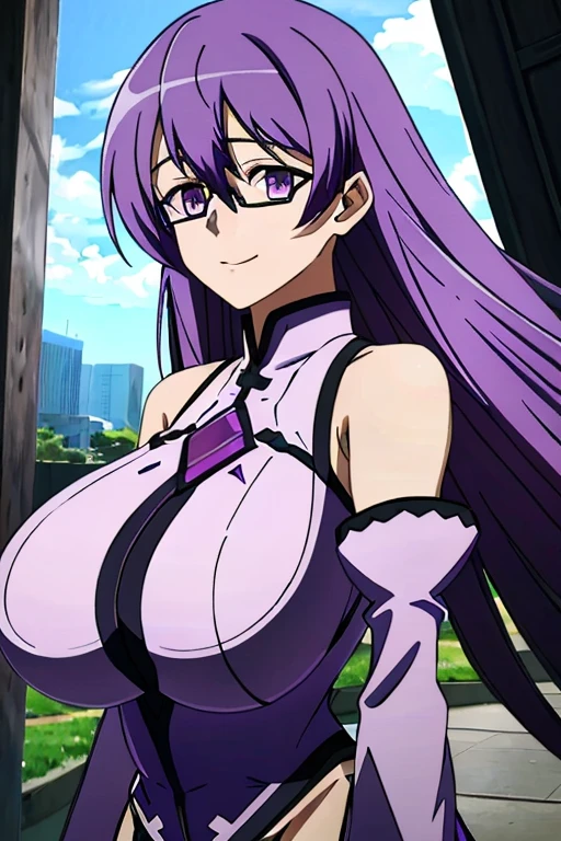 Shearer, Alone, eye glass, Purple colored hair, 1个Giant Breast Girl, a purple eye, long whitr hair, ssmile, janelas, of shoulders, hourglass body, ((Purple Sundrestremely Detailest quality at best)), ((tmasterpiece)), ((4K)), Bottom-rimmed glasses