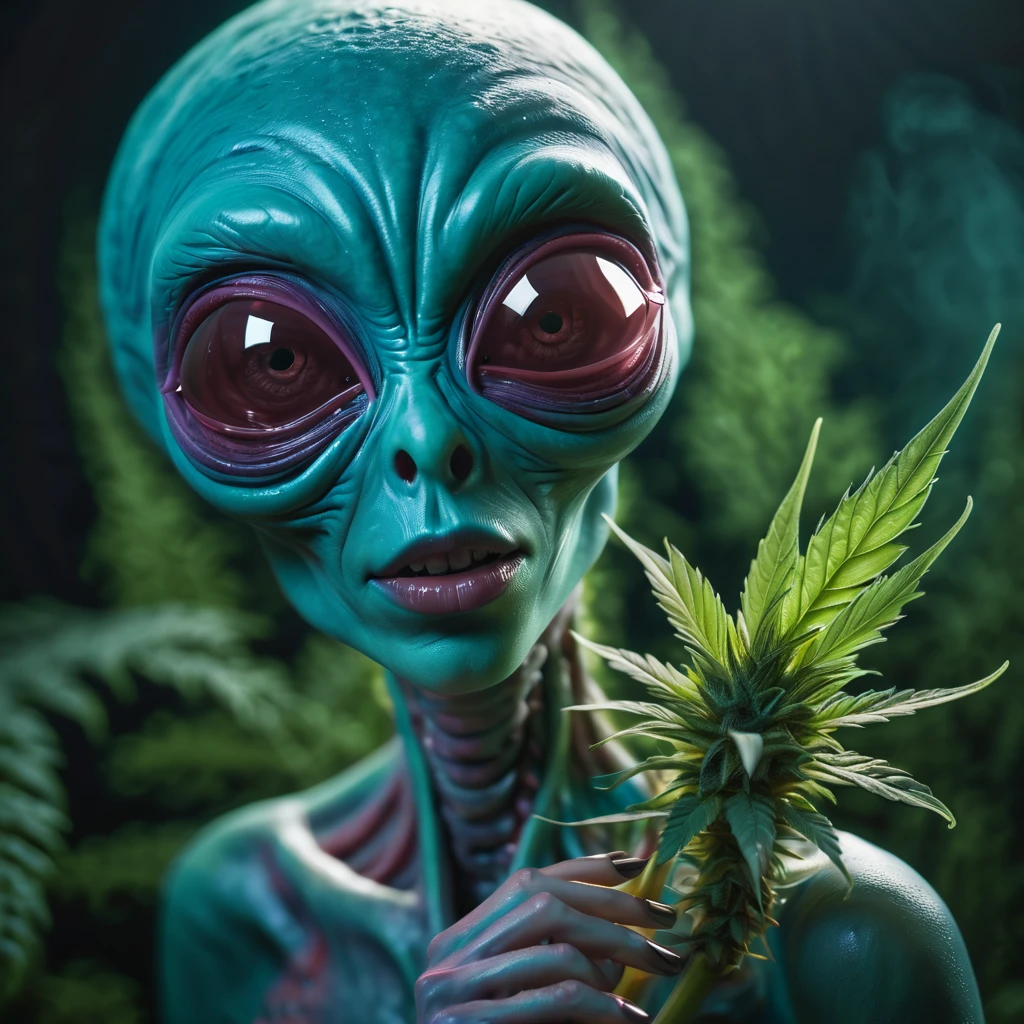 Druged female alien, huge, capsuled female alien 3 d art, stunning artwork, extremely high quality artwork, beautiful artwork, colorful hyperrealism, beeple colors, Female Ganja alien, ?????????, critical, ??????? sativa,THC, smoking a big joint, smoke, fume, 3d render, ????????? leaves, magic ????????? plants in background, wide shot, (best quality,4k,8k,highres,masterpiece:1.2),ultra-detailed,(realistic,photorealistic,photo-realistic:1.37),HDR,UHD,studio lighting,ultra-fine painting,sharp focus,physically-based rendering,extreme detail description,professional,vivid colors,bokeh. Attention:Original art by Tupu.
