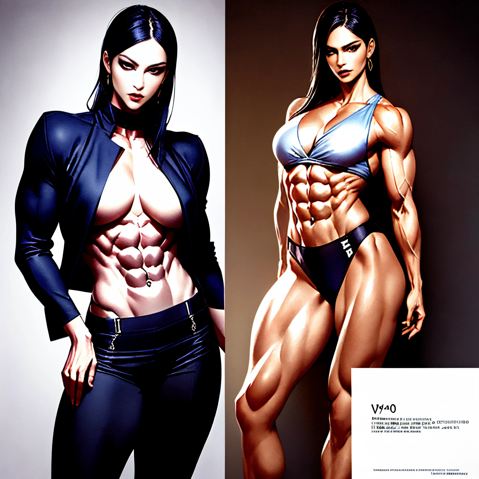 (Best quality at best,4K,8K,A high resolution,tmasterpiece:1.2),ultra - detailed,(actual,realisticlying,Photorealistic:1.37), (Slender and toned abs:1.5),(Legs with strong muscles),Japanese cartoon, vivd colour, Studio lighting, dark ambiance, mistic, Sexy woman wearing black revealing outfit, Fierce and powerful, Roberto Ferry, Krenz Kushat and the artistic embryo, Kushat Wreath, Uma personagem feminina, Ivan Tara Vera and the Art Embryos, author: Yoshihiko Wada, Art Embryo Greg Rutkowsky_greg, Poster art, Ricardo Falero