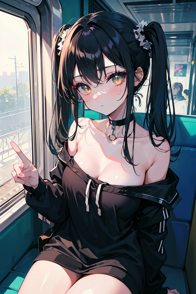 (masterpiece, best quality, 4k, insane details, watercolor, 1girl), long black hair, long twintails, cute hair pins, yellow eyes, choker, wearing a long black hoodie that covers her thighs, oversize clothes, sitting inside a train, leaning on the train window, cell shading, aesthetic, vibrant, perfect body, perfect hands, perfect eyes, detailed eyes, bokeh, reflections, cold atmosphere