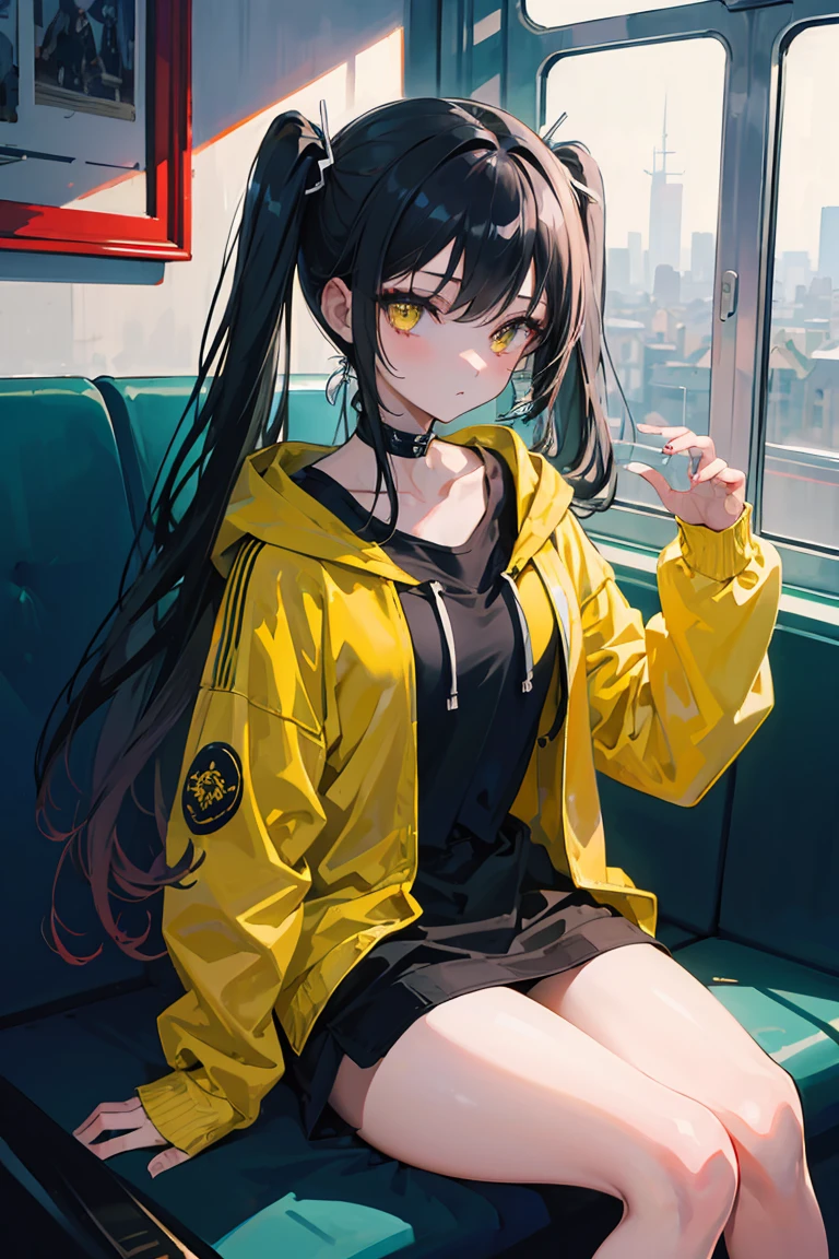 1girl, solo, long hair, black hair with yellow highlight, yellow eyes, black shirt, black panty, black boot, light ray, colorful, (masterpiece), wallpaper,