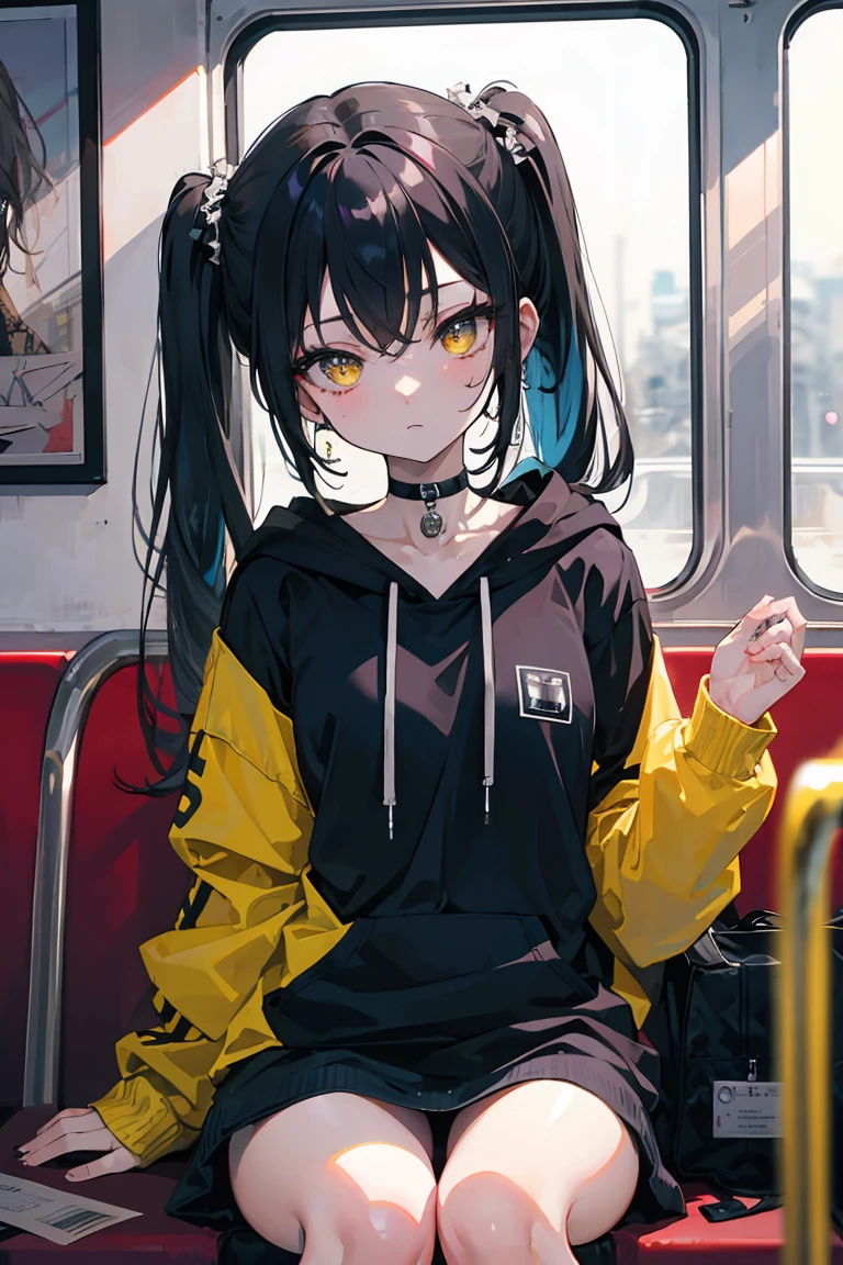 (masterpiece, best quality, 4k, insane details, watercolor, 1girl), long black hair, long twintails, cute hair pins, yellow eyes, choker, wearing a long black hoodie that covers her thighs, oversize clothes, sitting inside a train, leaning on the train window, cell shading, aesthetic, vibrant, perfect body, perfect hands, perfect eyes, detailed eyes, bokeh, reflections, cold atmosphere