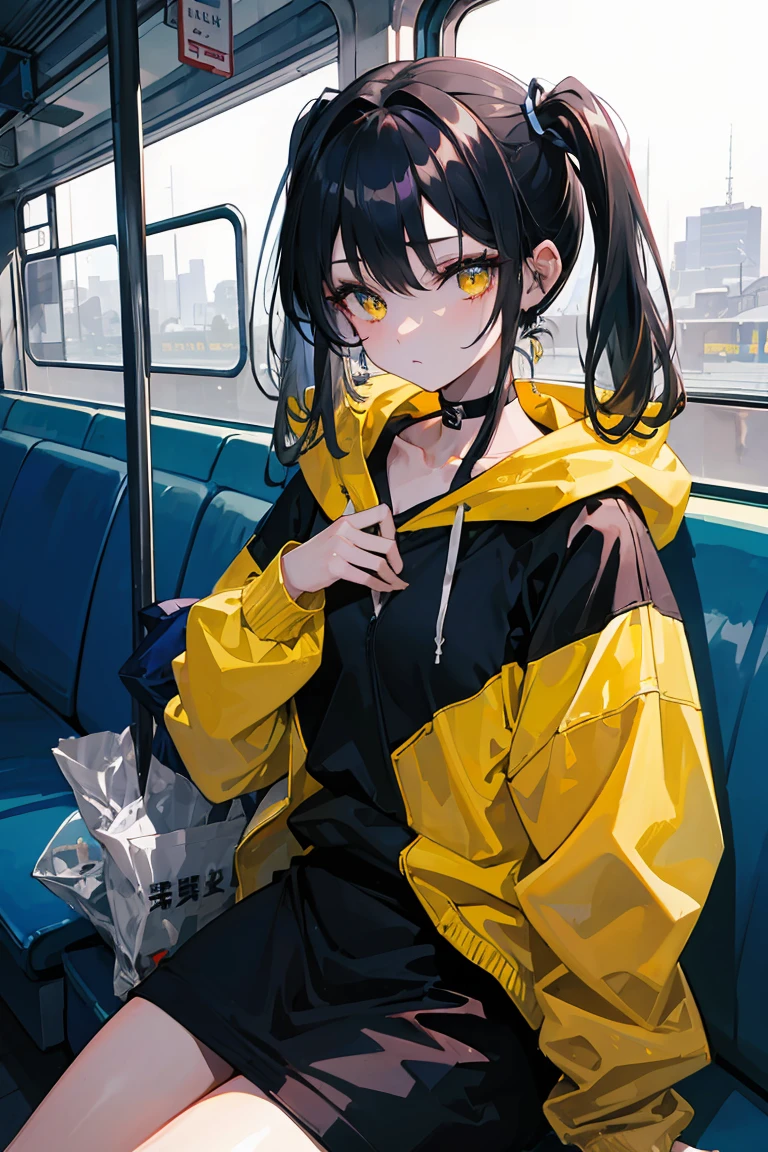 (masterpiece, best quality, 4k, insane details, watercolor, 1girl), long black hair, long twintails, cute hair pins, yellow eyes, choker, wearing a long black hoodie that covers her thighs, oversize clothes, sitting inside a train, leaning on the train window, cell shading, aesthetic, vibrant, perfect body, perfect hands, perfect eyes, detailed eyes, bokeh, reflections, cold atmosphere