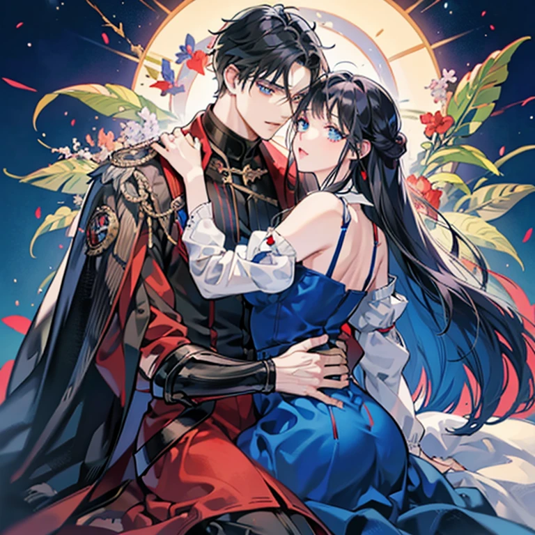 anime couple hug, 1 male and 1 female, , Face, Human, (Man's: A dark-haired: Red eyes: Redeye),(Woman's: Black hair straight long: Blue eyes: Blue Eye ),doress,ball,adolable,Red Dress