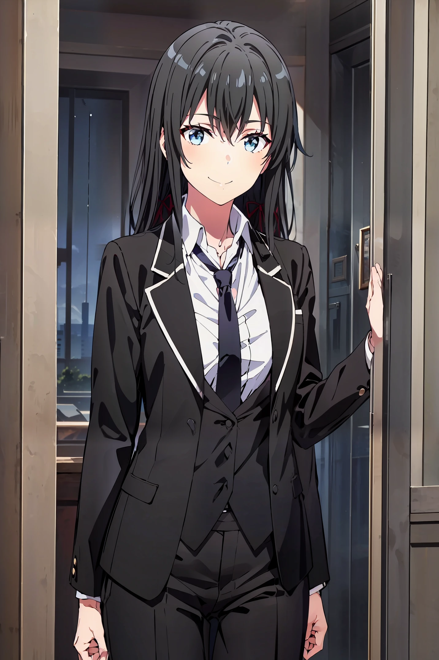 Yukinoshita yukino ,woman in formal attractive tailcoat standing in a large alcove in the room , 1girl, solo, blue necktie, black hair, blue eyes, long hair, smile , collared shirt, white pants, white shirt , tailored tailcoat elegant , standing in front of a window ,tailcoat tailored to elegant crafted from the lustrous fabric