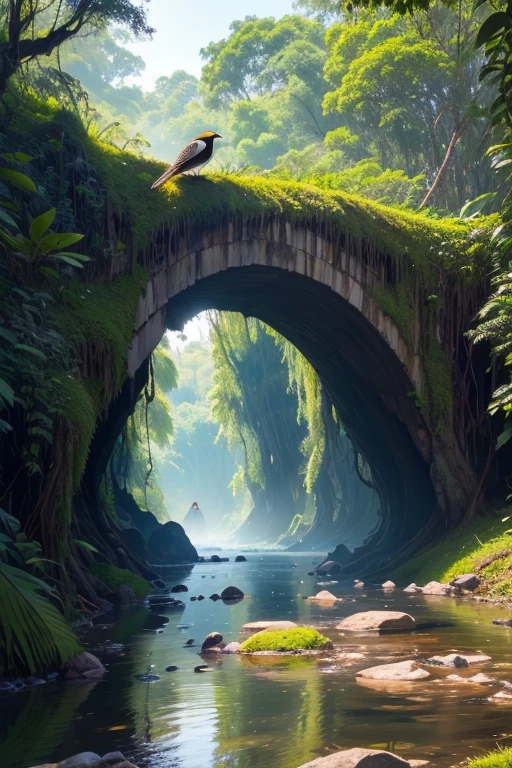 ((best quality)), ((masterpiece)), (detailed), Suasana hutan yang tenang dengan pepohonan yang tinggi dan rindang. Di kejauhan terdengar suara cicit burung dan aliran sungai.
