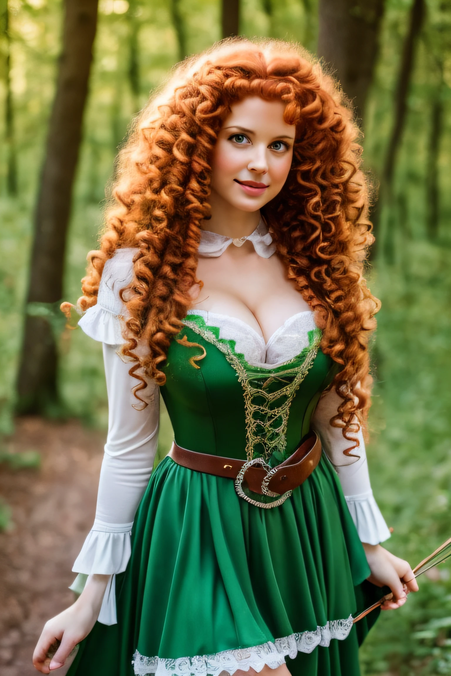 masterpiece, best quality, expressive eyes, perfect face, looking at viewer, large breast, big breast, small waist, , Best Quality, Realistic, perfect figure, highly detailed, showing cleavage, dressed as merida from brave, Red curly hair, big hair, blue eyes, Green outfit, in the forest, bow and arrow, detailed dress, freckles on her face, cheek blush, big puffy hair, very curly hair, castle in the bakcground, wearing a green cape, large nipples, short dress white stockings, garter, full body portrait