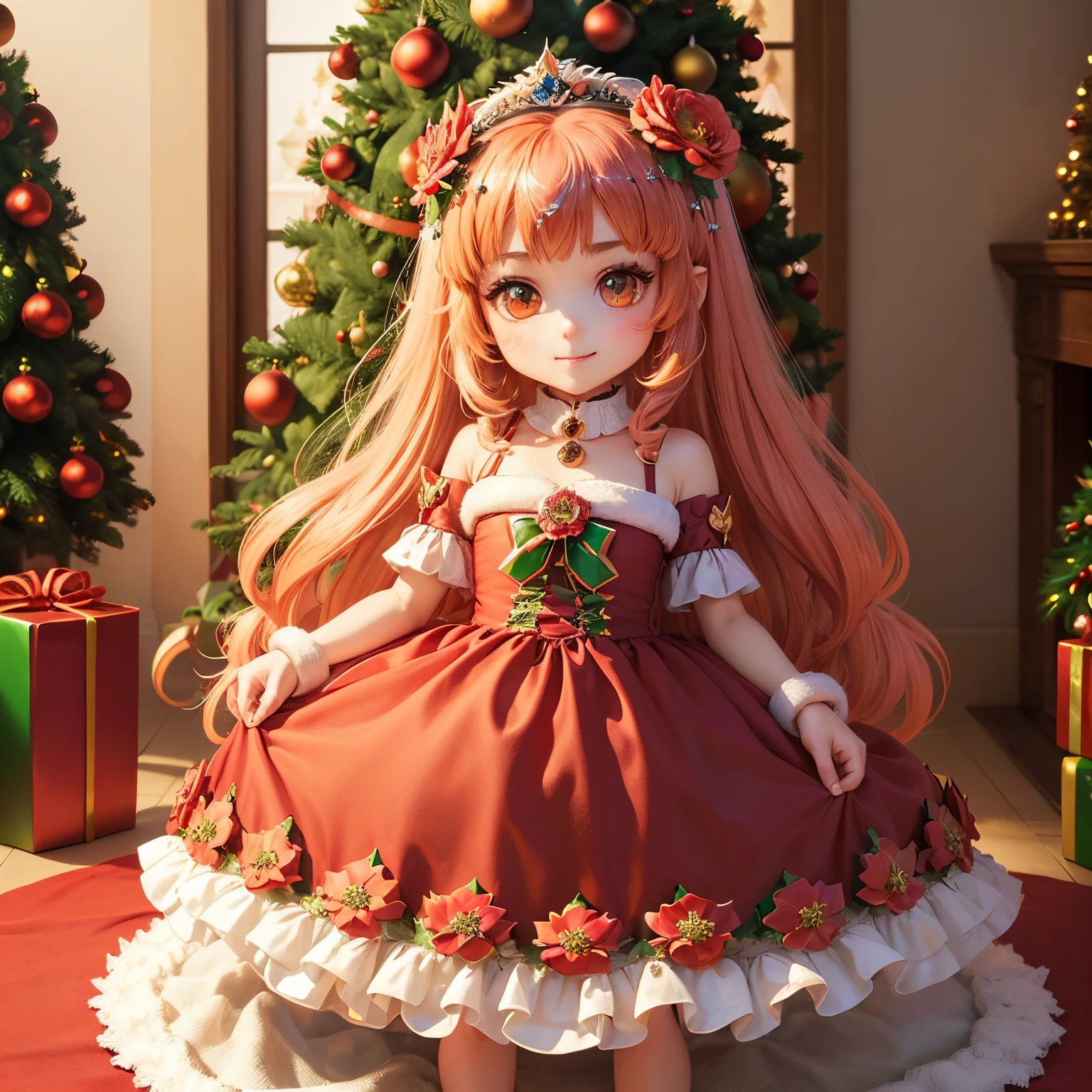 masterpiece、top-quality、ultra-detailliert、(Chibi Chara Princess:1.27),(flower tiara:1.3),richly decorated red, The green and white dress has ruffles and peplums.,Glitter,fairy tale living room,(Christmas tree:1.3),A smile,Full-body standing figure