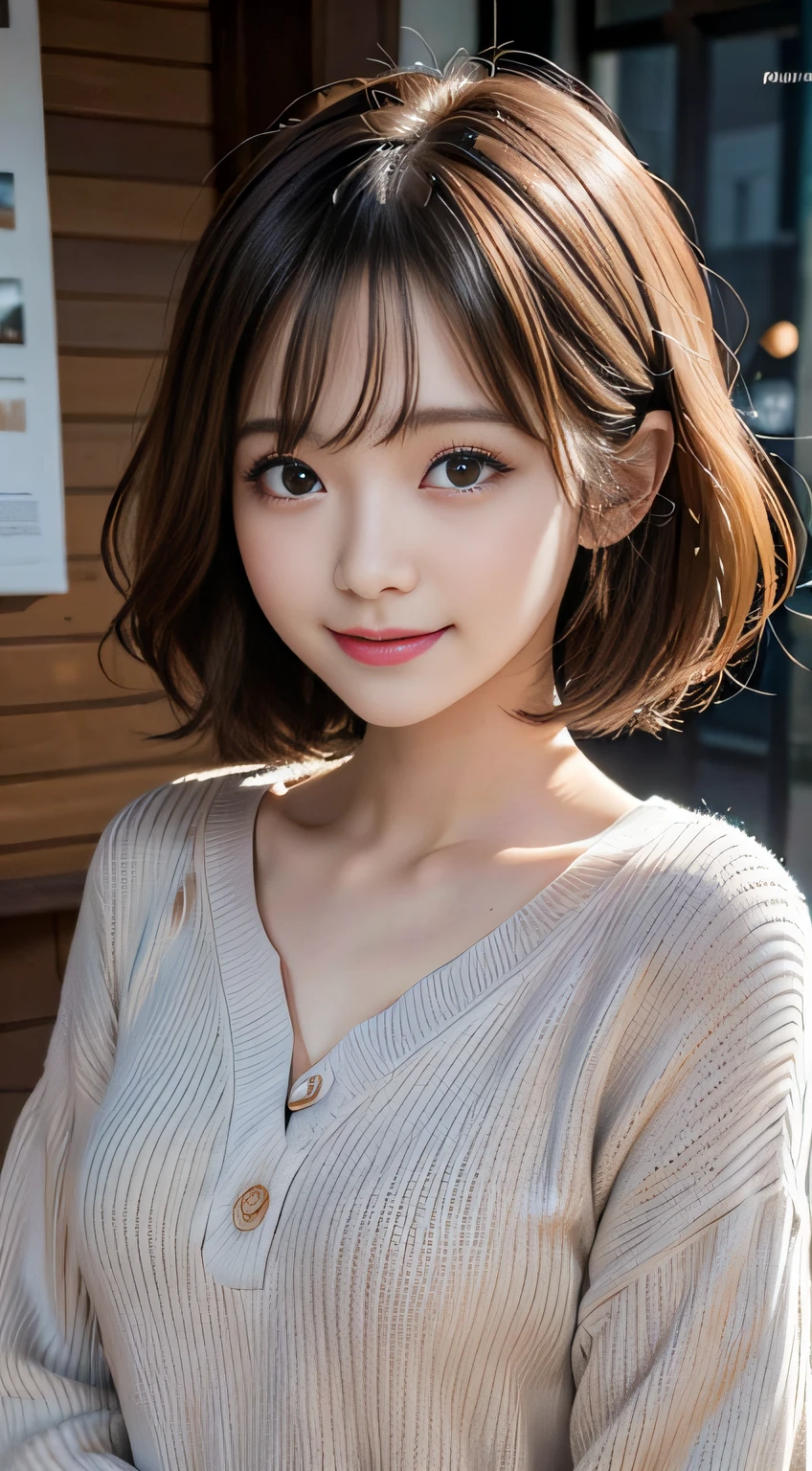 masutepiece、Best Quality、Illustration、 Ultra-detailed、finely detail、 hight resolution、8K Wallpaper、Perfect dynamic composition、24 year old cute girl、detailed beautiful faces、detailed cute eyes、Textured skin、discret smile、Wavy short hair、tiny chest、Bold sexy poses、Winter casual wear、